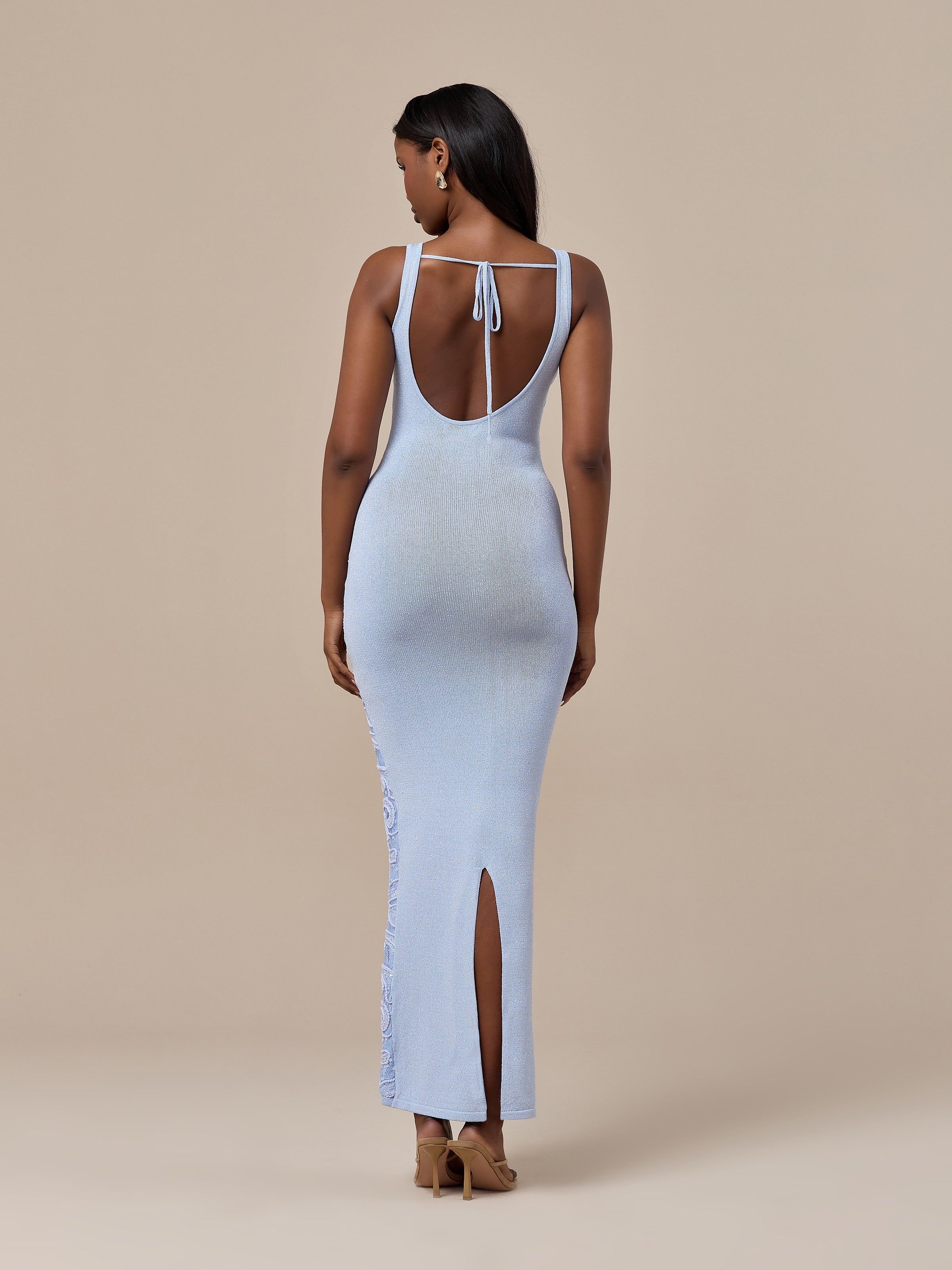 CALLA KNITTED MAXI DRESS WITH SEQUIN DETAIL | BABY BLUE