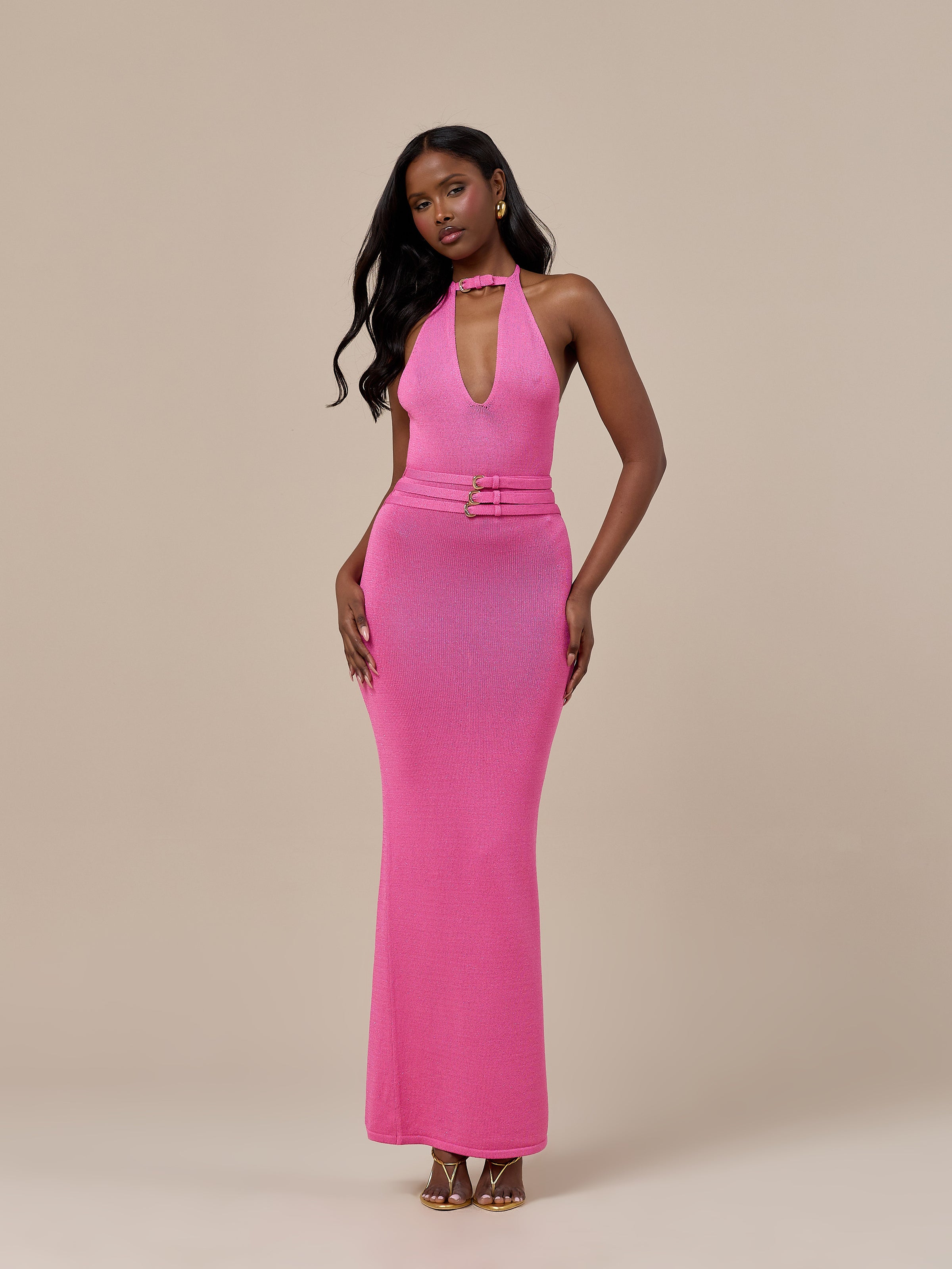 MADDY BELT DETAIL MAXI DRESS | PINK