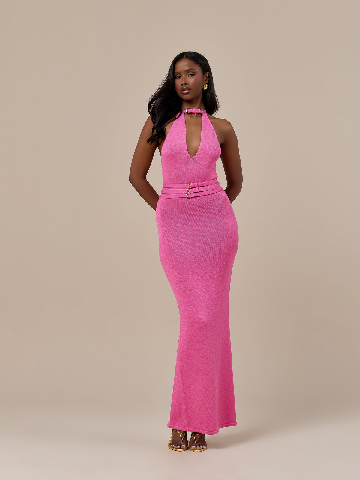 MADDY BELT DETAIL MAXI DRESS | PINK
