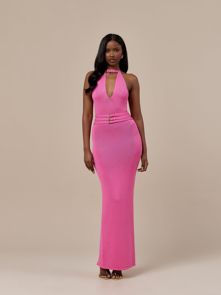 MADDY BELT DETAIL MAXI DRESS | PINK