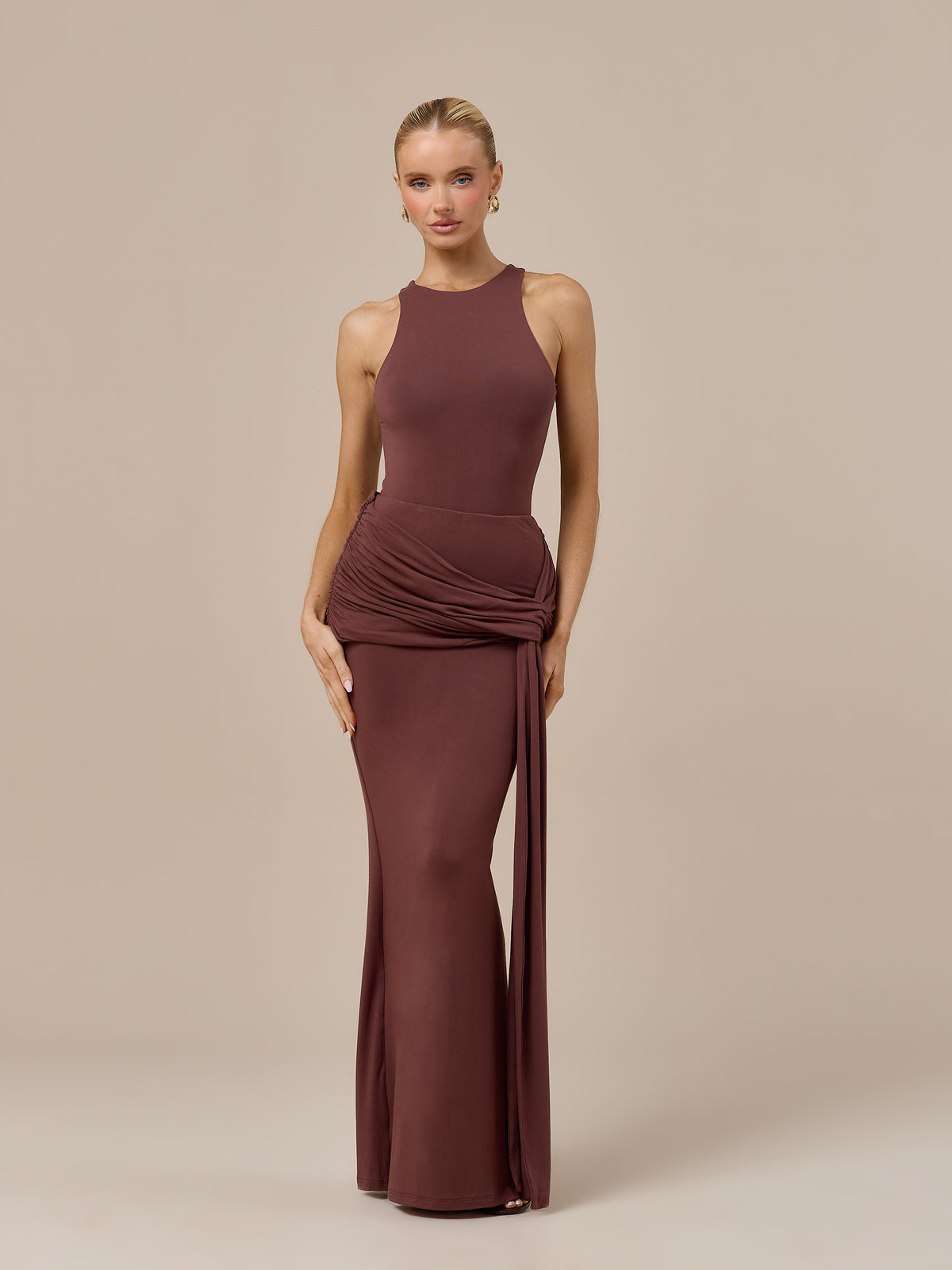 BELLA HIGH WAISTED MAXI SKIRT WITH WRAP SASH | CHOCOLATE