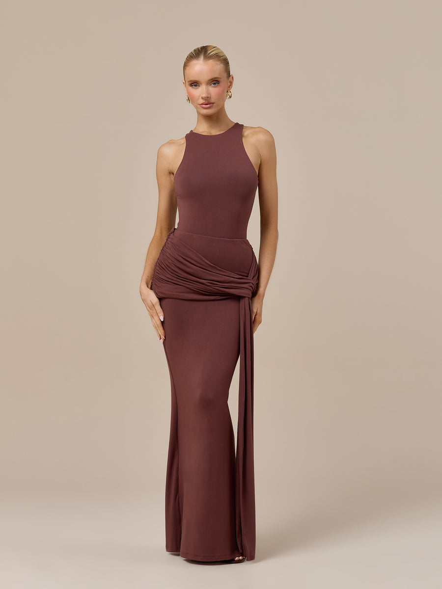 BELLA HIGH WAISTED MAXI SKIRT WITH WRAP SASH | CHOCOLATE