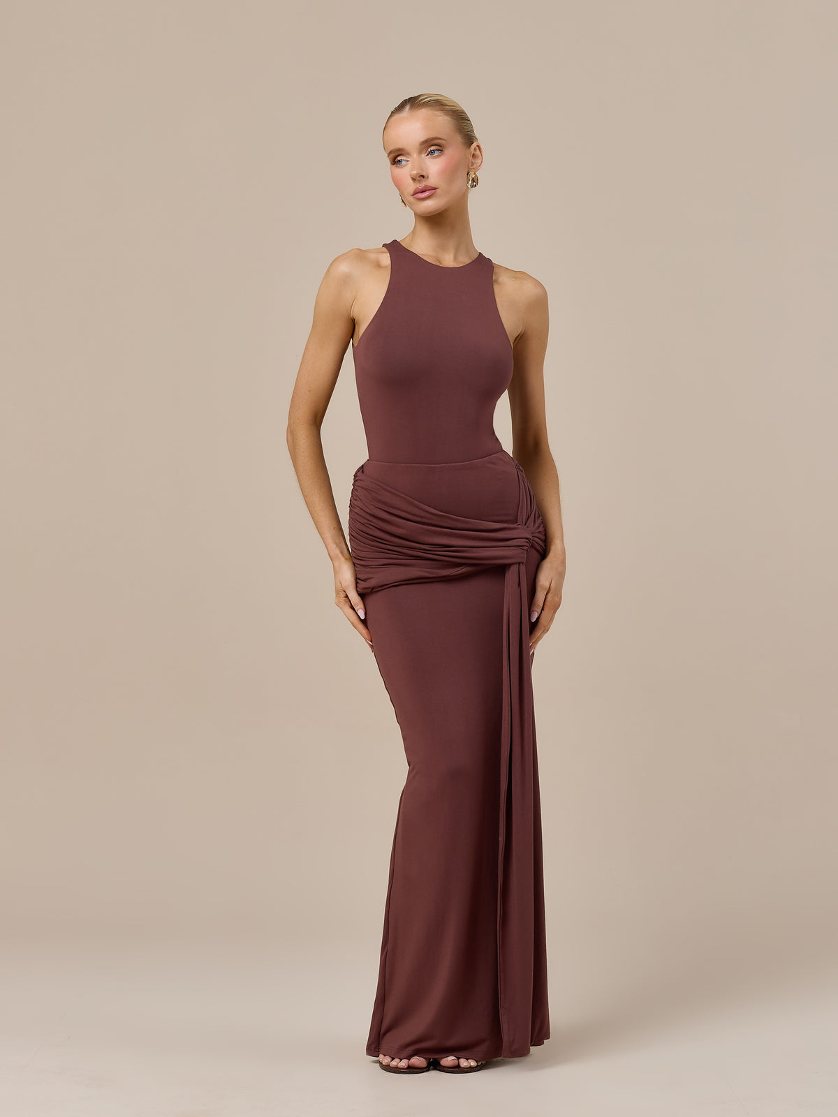 BELLA HIGH WAISTED MAXI SKIRT WITH WRAP SASH | CHOCOLATE