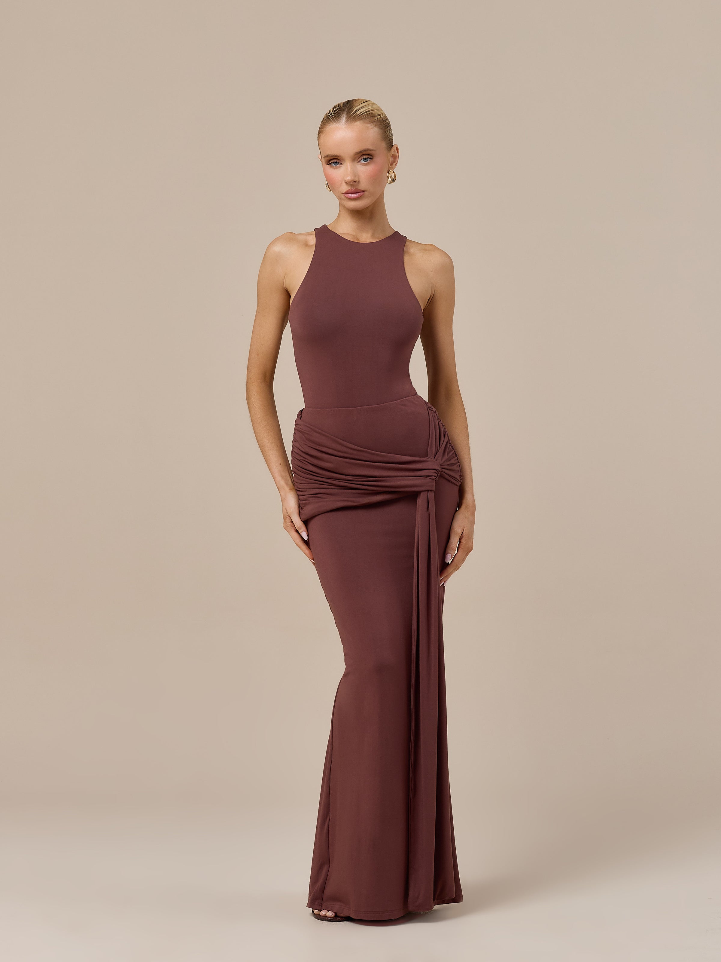 BELLA HIGH WAISTED MAXI SKIRT WITH WRAP SASH | CHOCOLATE