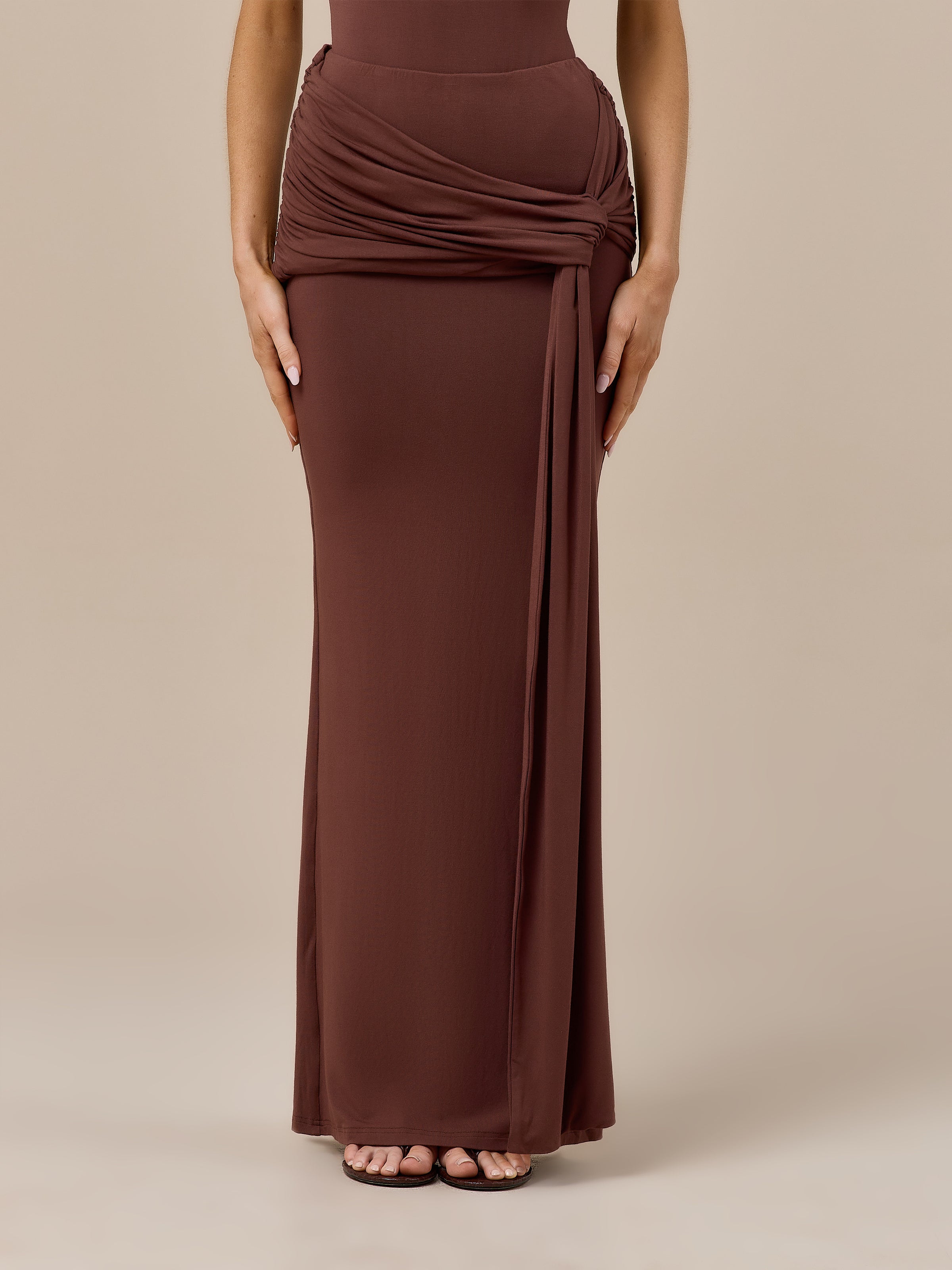 BELLA HIGH WAISTED MAXI SKIRT WITH WRAP SASH | CHOCOLATE