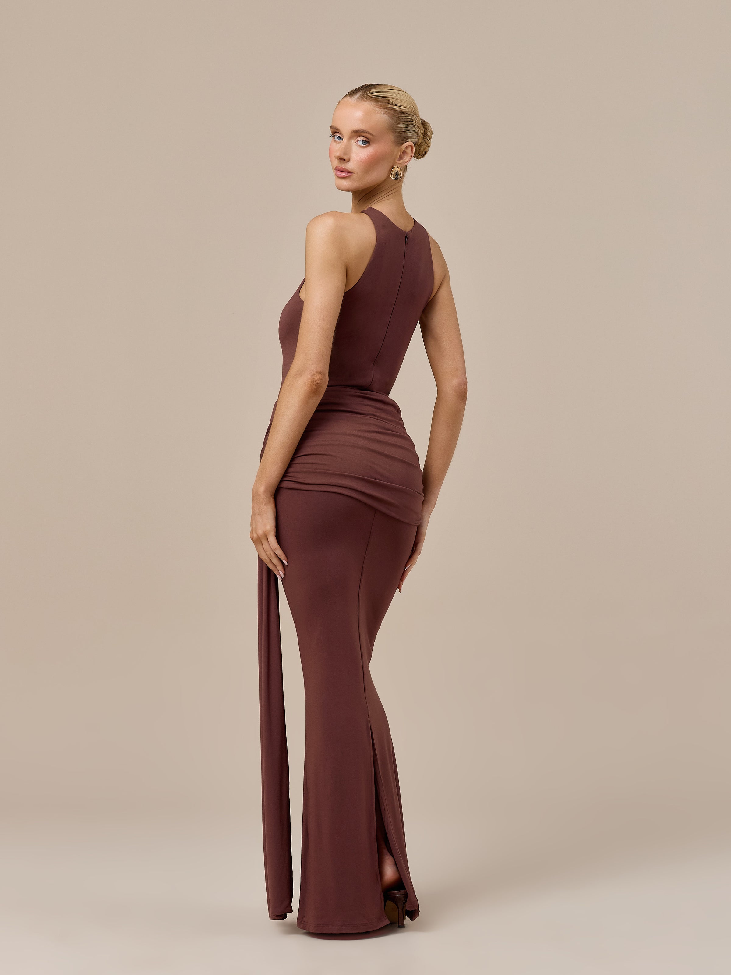 BELLA HIGH WAISTED MAXI SKIRT WITH WRAP SASH | CHOCOLATE