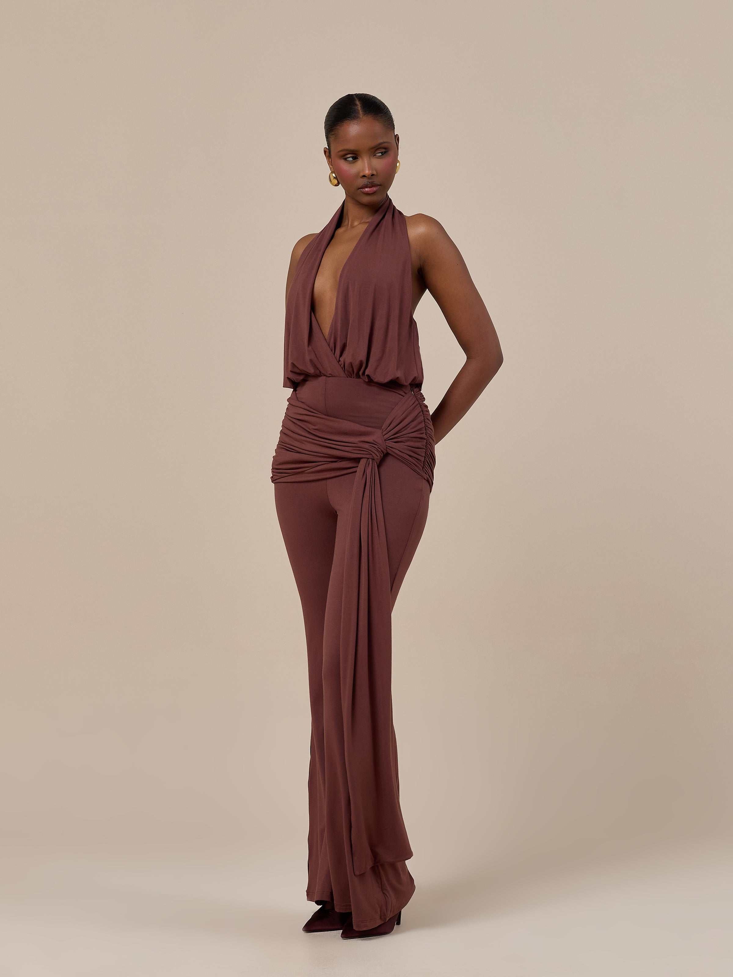 BELLA HIGH WAISTED FLARED TROUSERS WITH WRAP SASH | CHOCOLATE