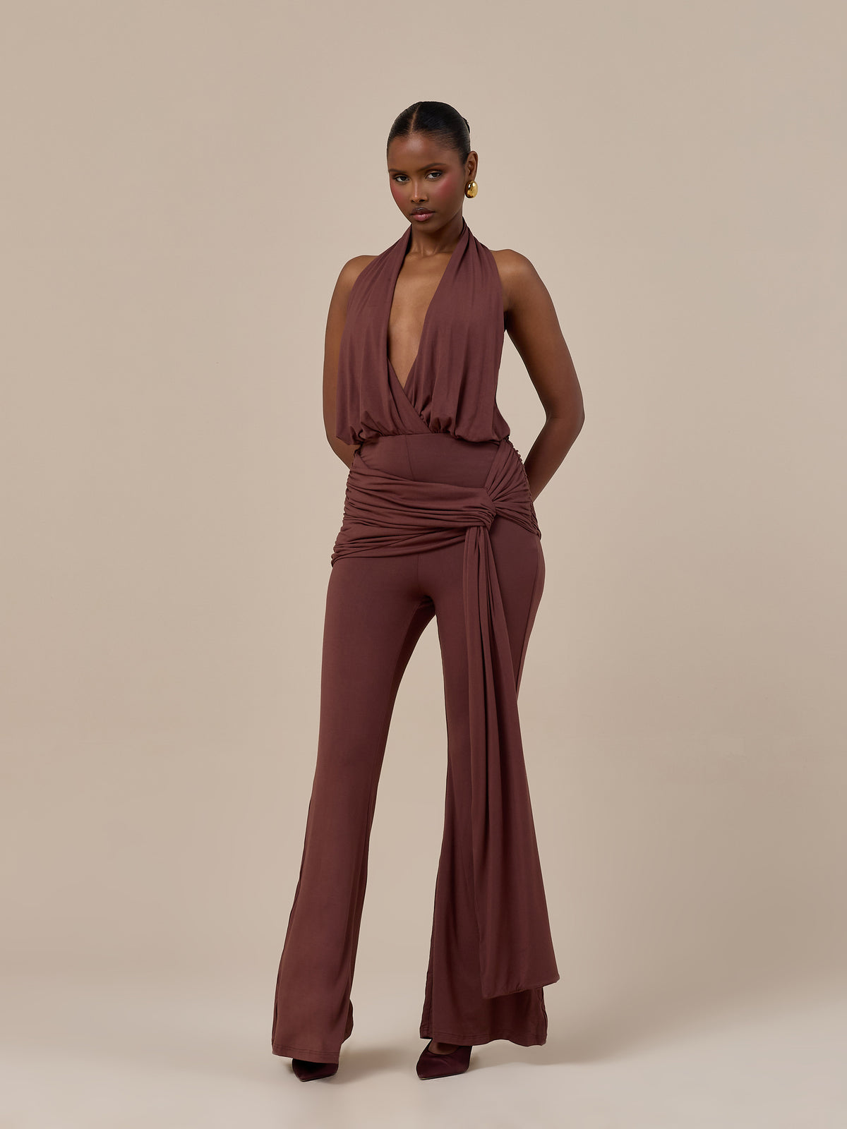 BELLA HIGH WAISTED FLARED TROUSERS WITH WRAP SASH | CHOCOLATE