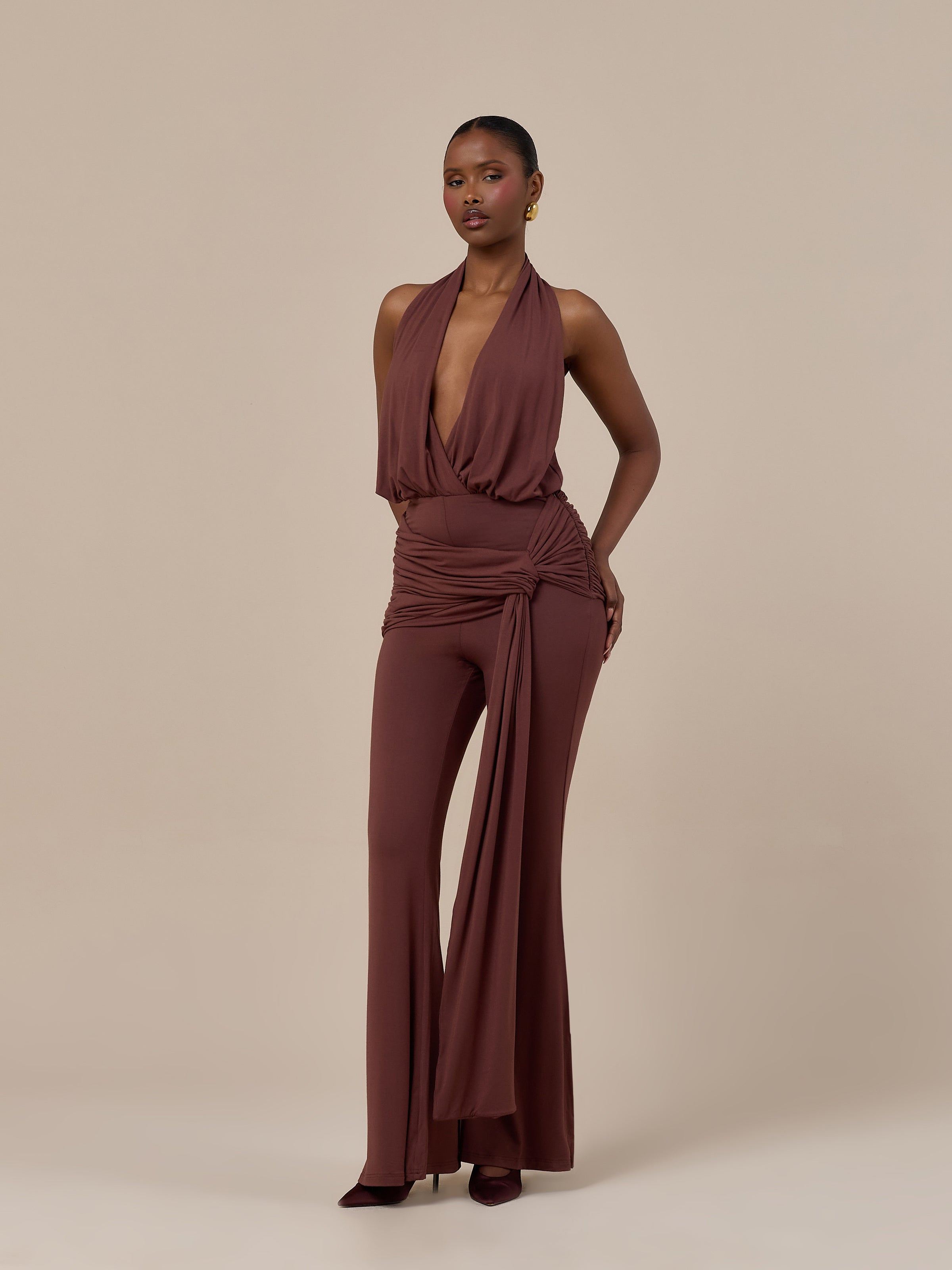BELLA HIGH WAISTED FLARED TROUSERS WITH WRAP SASH | CHOCOLATE