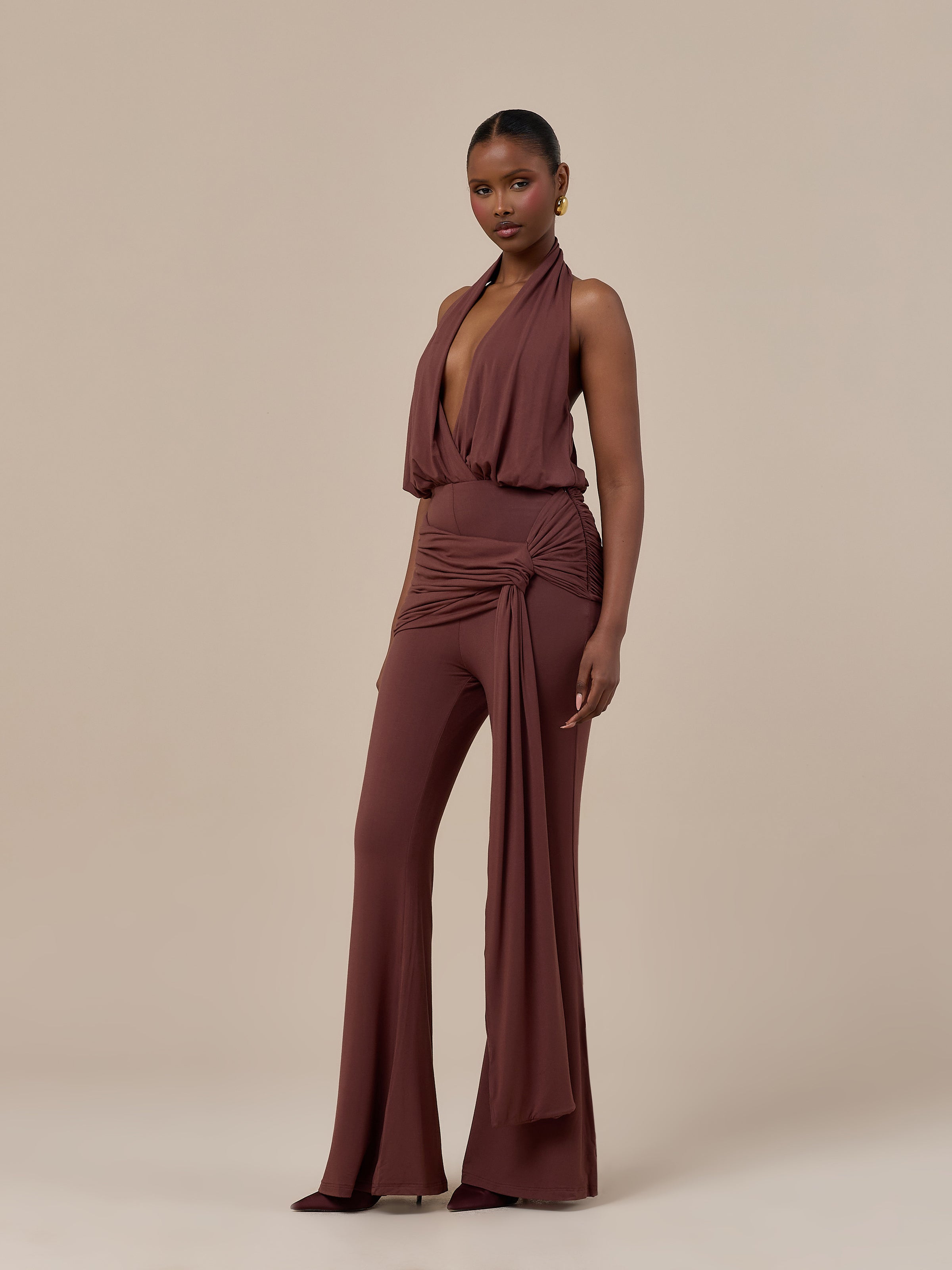 BELLA HIGH WAISTED FLARED TROUSERS WITH WRAP SASH | CHOCOLATE
