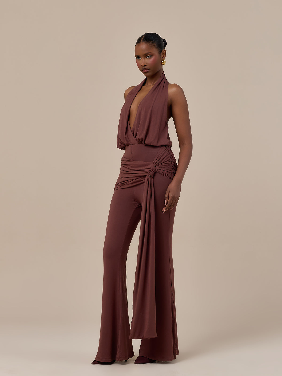 BELLA HIGH WAISTED FLARED TROUSERS WITH WRAP SASH | CHOCOLATE