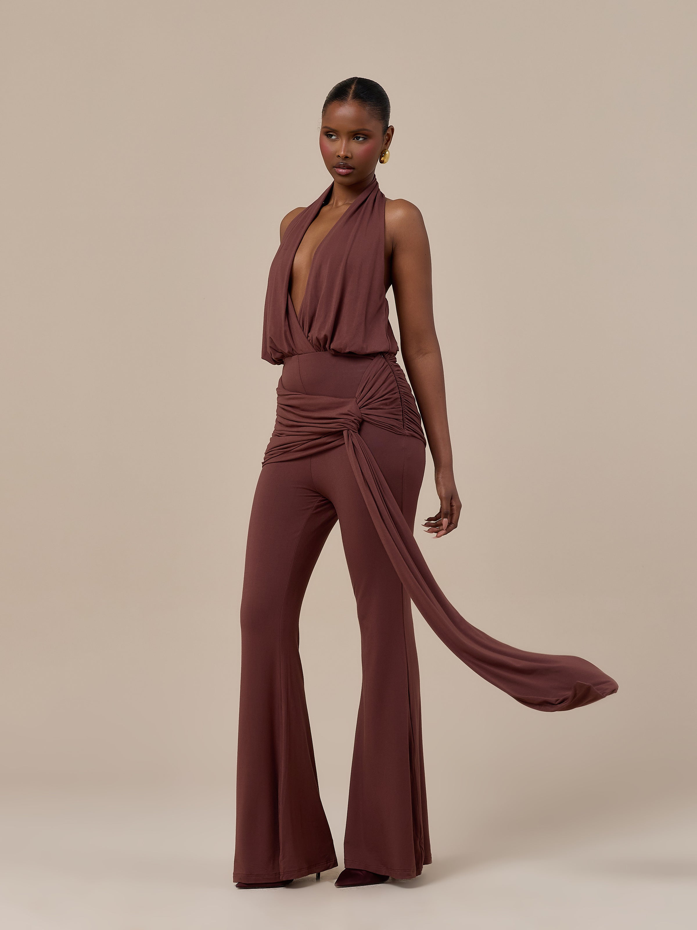 BELLA HIGH WAISTED FLARED TROUSERS WITH WRAP SASH | CHOCOLATE