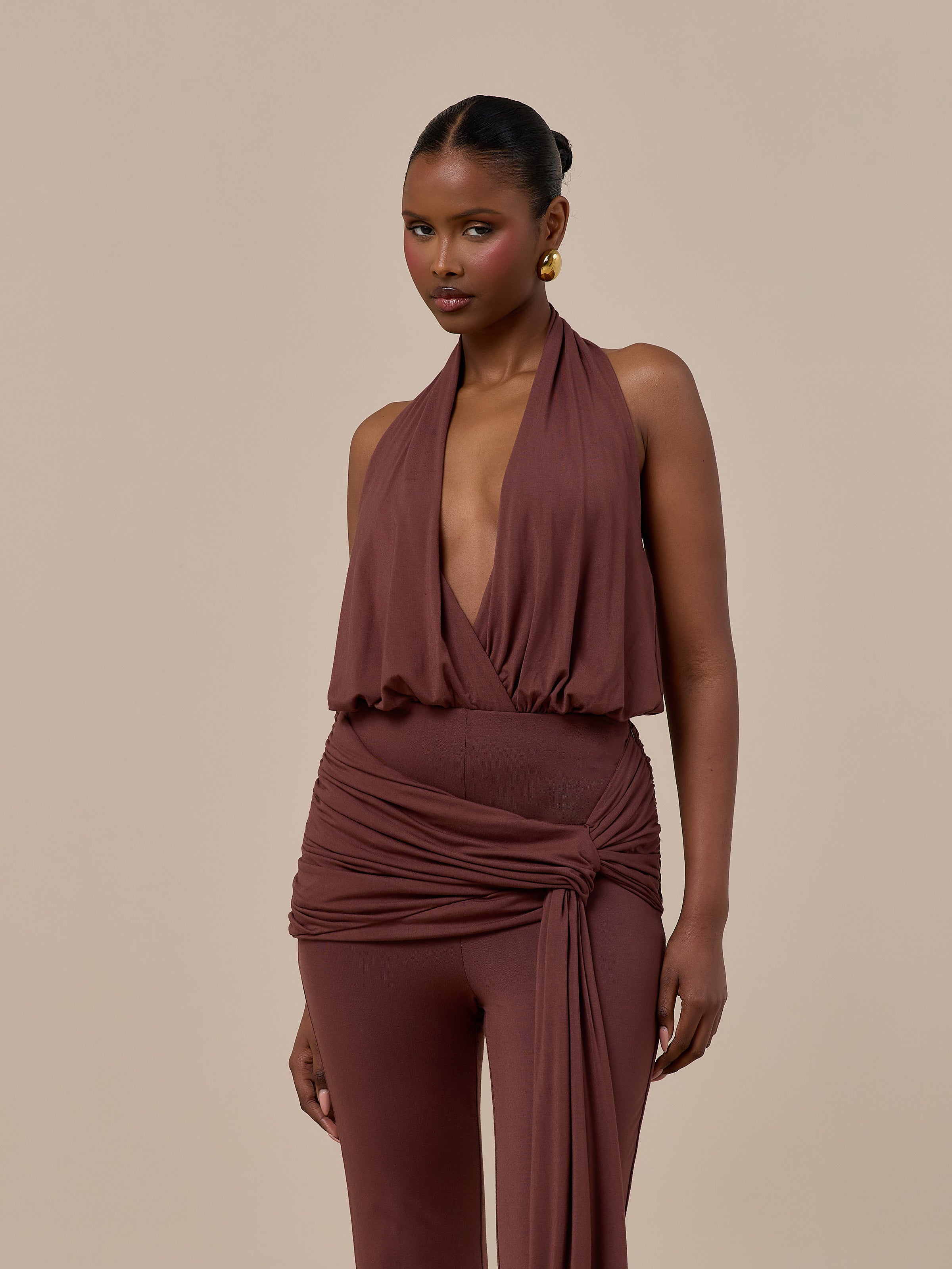 BELLA HIGH WAISTED FLARED TROUSERS WITH WRAP SASH | CHOCOLATE