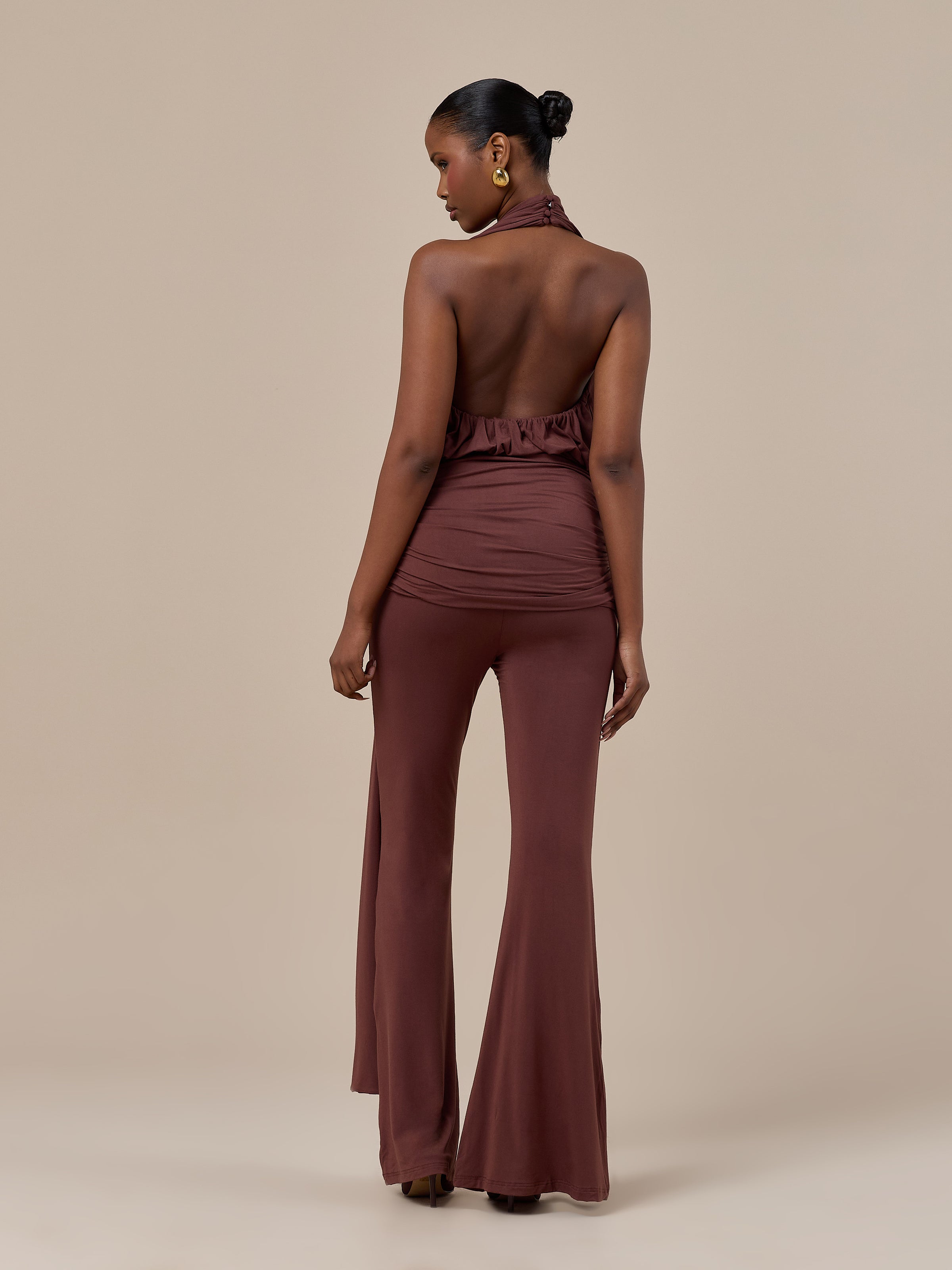 BELLA HIGH WAISTED FLARED TROUSERS WITH WRAP SASH | CHOCOLATE