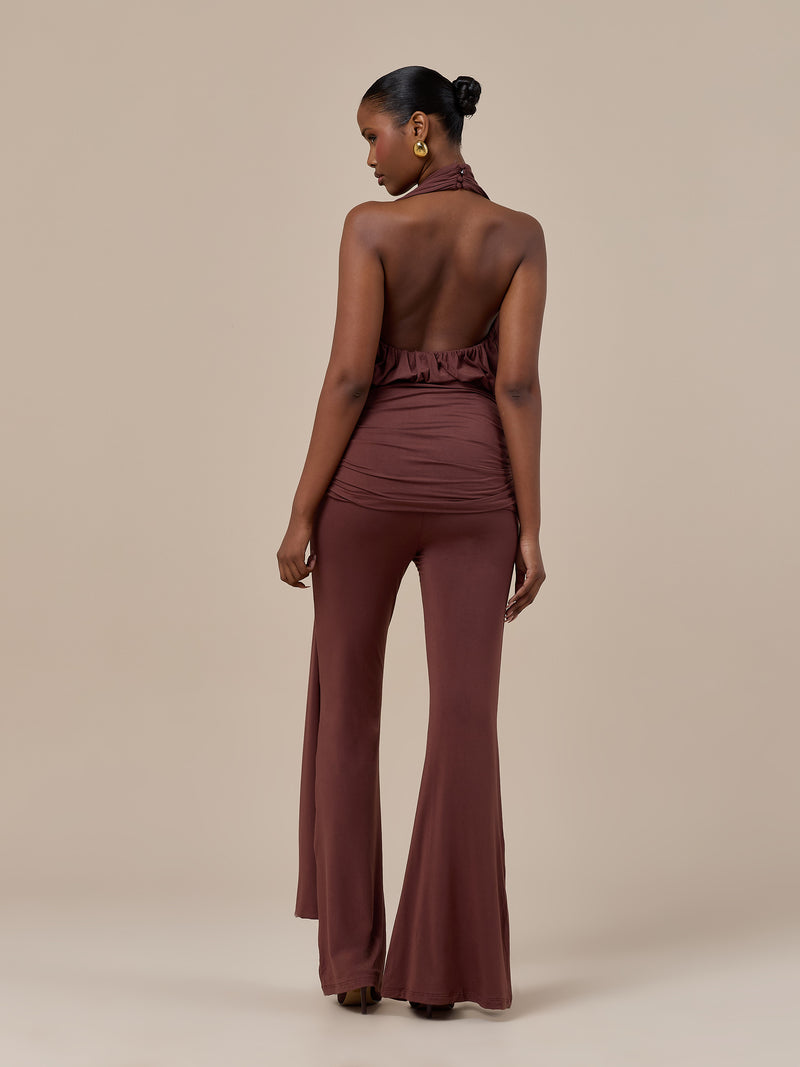 BELLA HIGH WAISTED FLARED TROUSERS WITH WRAP SASH | CHOCOLATE