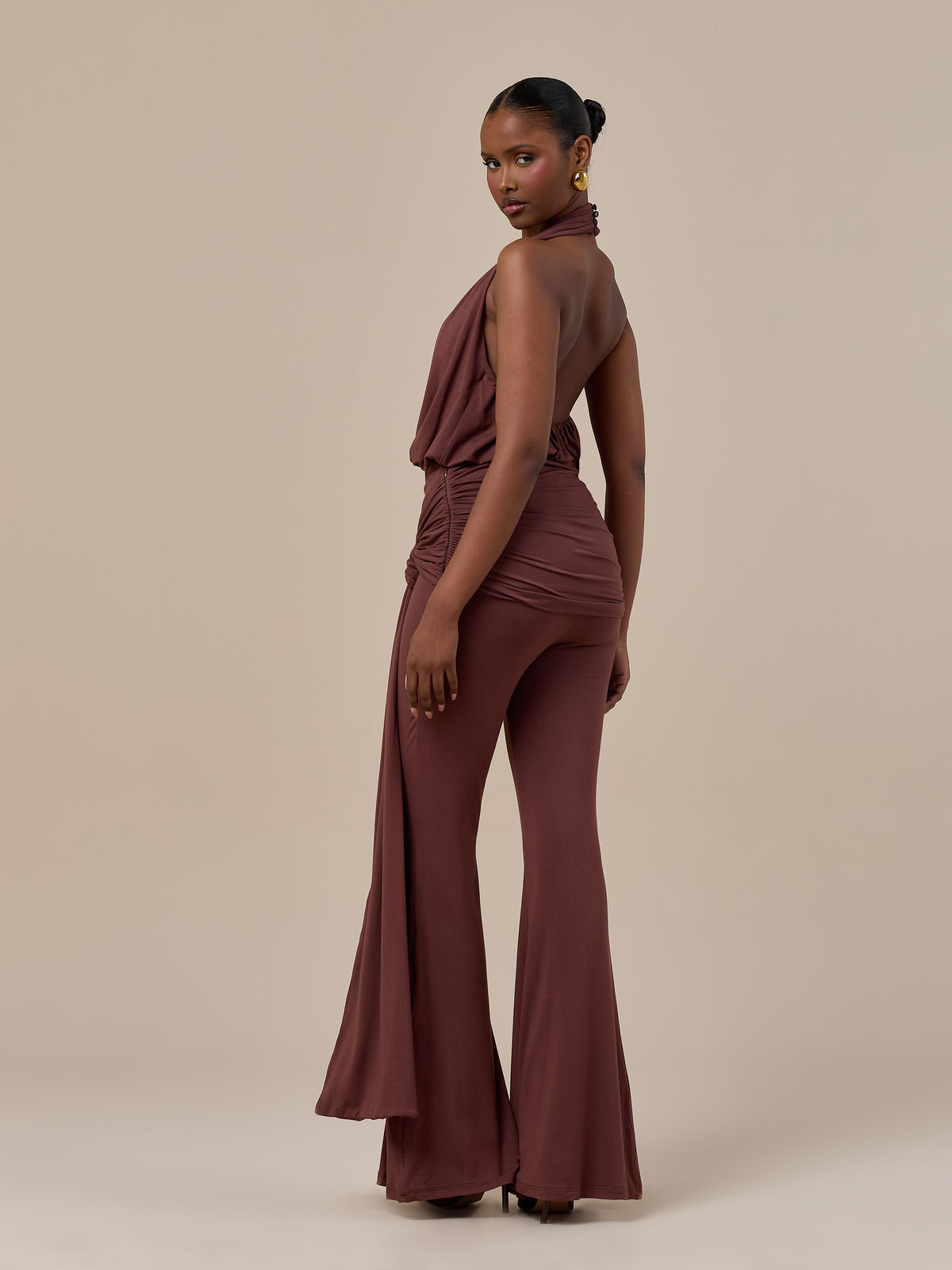 BELLA HIGH WAISTED FLARED TROUSERS WITH WRAP SASH | CHOCOLATE