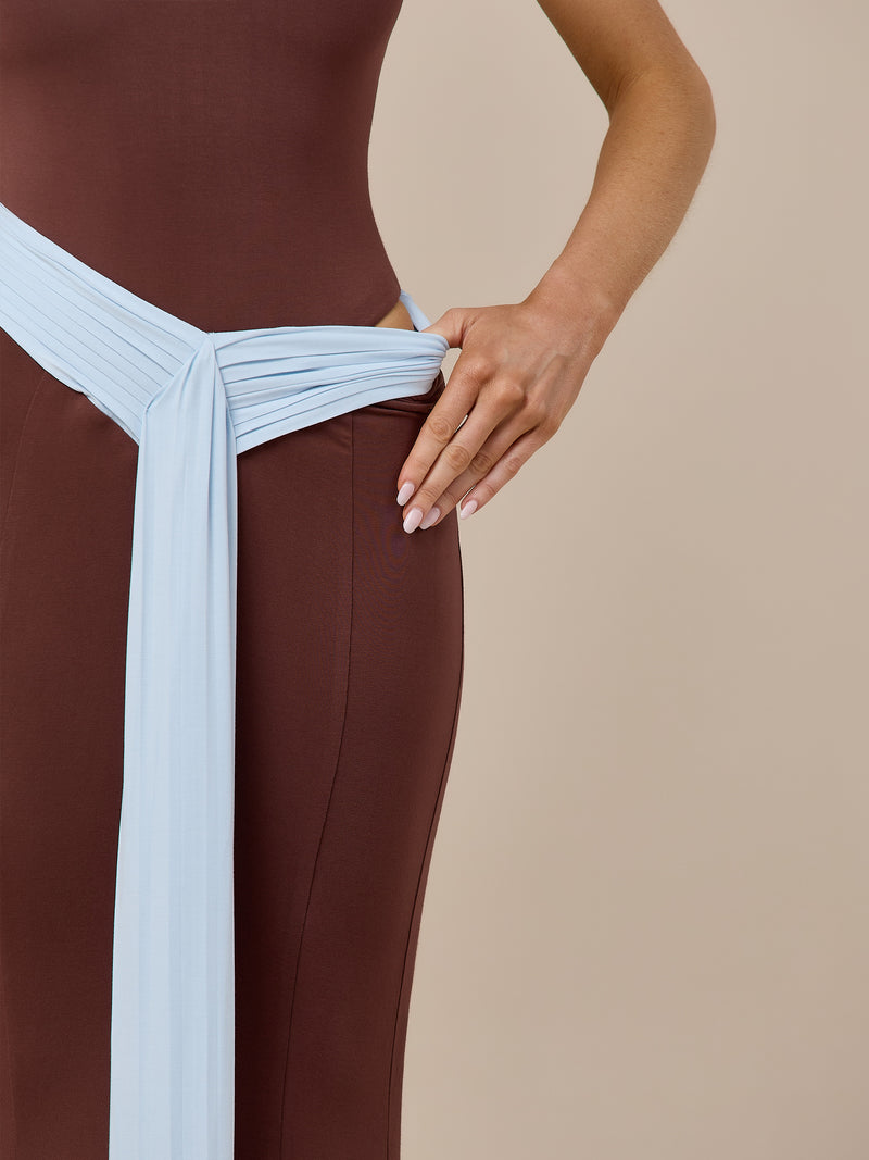 NORA TWO-TONE CONTRAST MAXI SKIRT | CHOCOLATE & BLUE