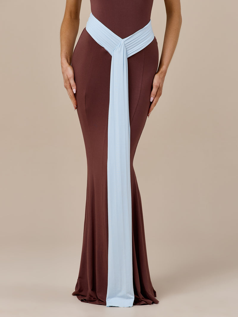 NORA TWO-TONE CONTRAST MAXI SKIRT | CHOCOLATE & BLUE