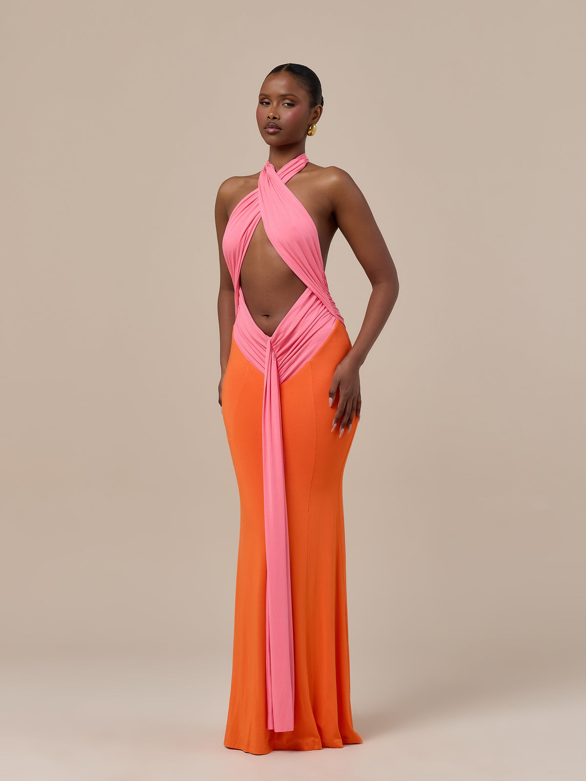 NADIA TWO-TONE CONTRAST GATHERED MAXI DRESS | PINK & ORANGE
