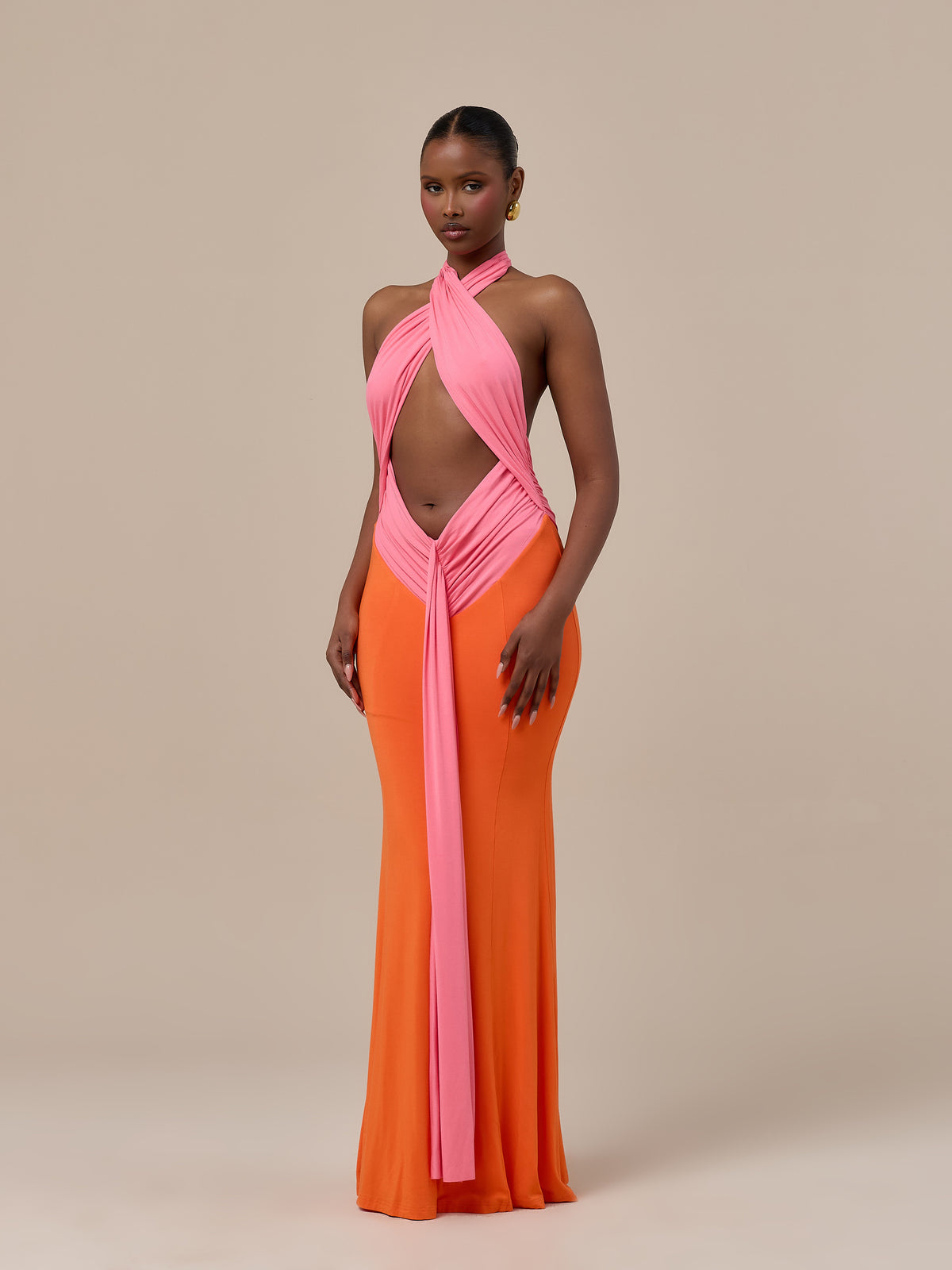 NADIA TWO-TONE CONTRAST GATHERED MAXI DRESS | PINK & ORANGE