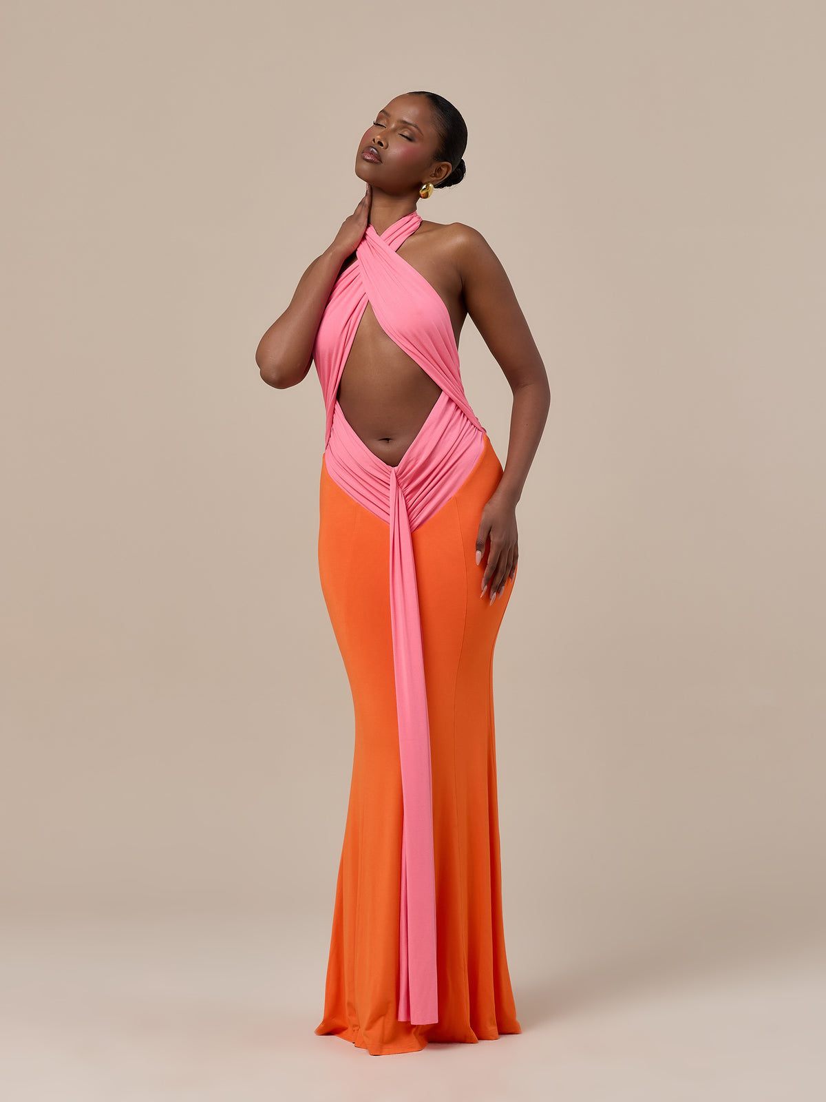 NADIA TWO-TONE CONTRAST GATHERED MAXI DRESS | PINK & ORANGE