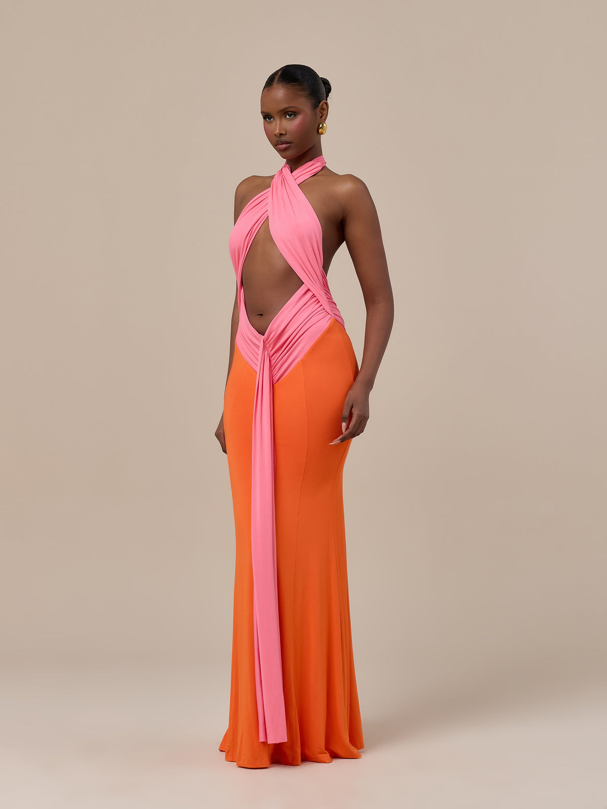 NADIA TWO-TONE CONTRAST GATHERED MAXI DRESS | PINK & ORANGE