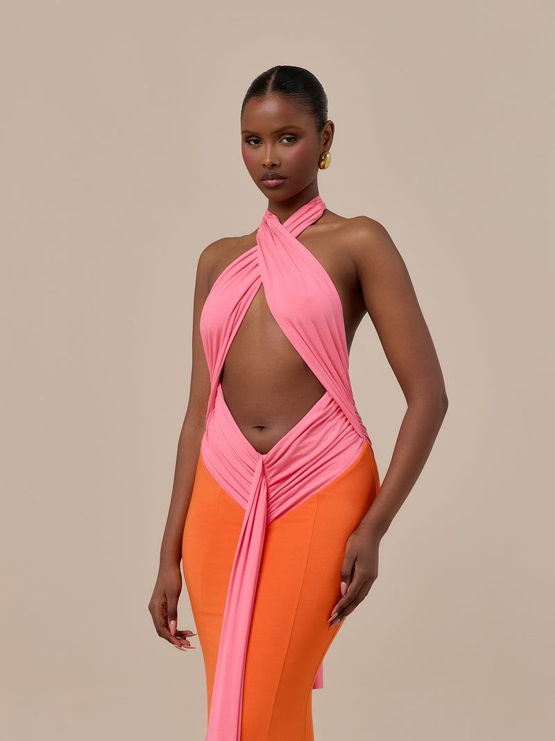 NADIA TWO-TONE CONTRAST GATHERED MAXI DRESS | PINK & ORANGE