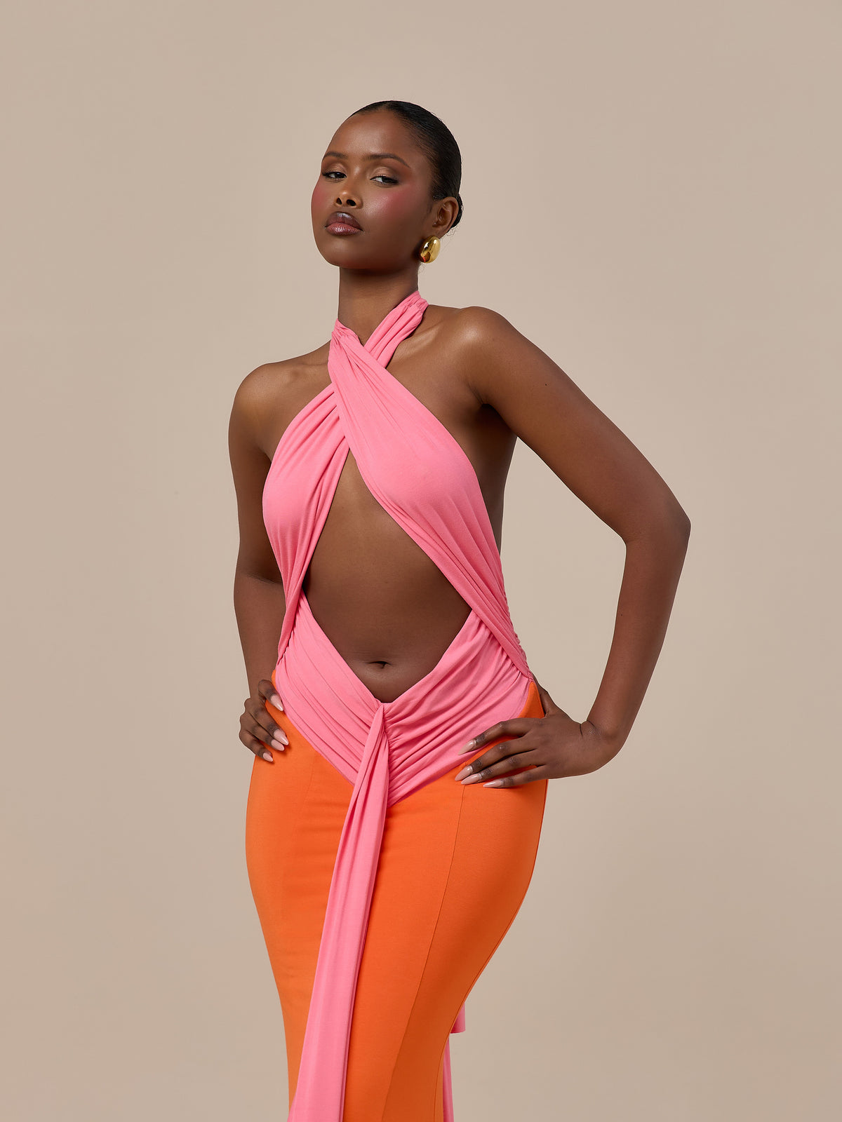 NADIA TWO-TONE CONTRAST GATHERED MAXI DRESS | PINK & ORANGE