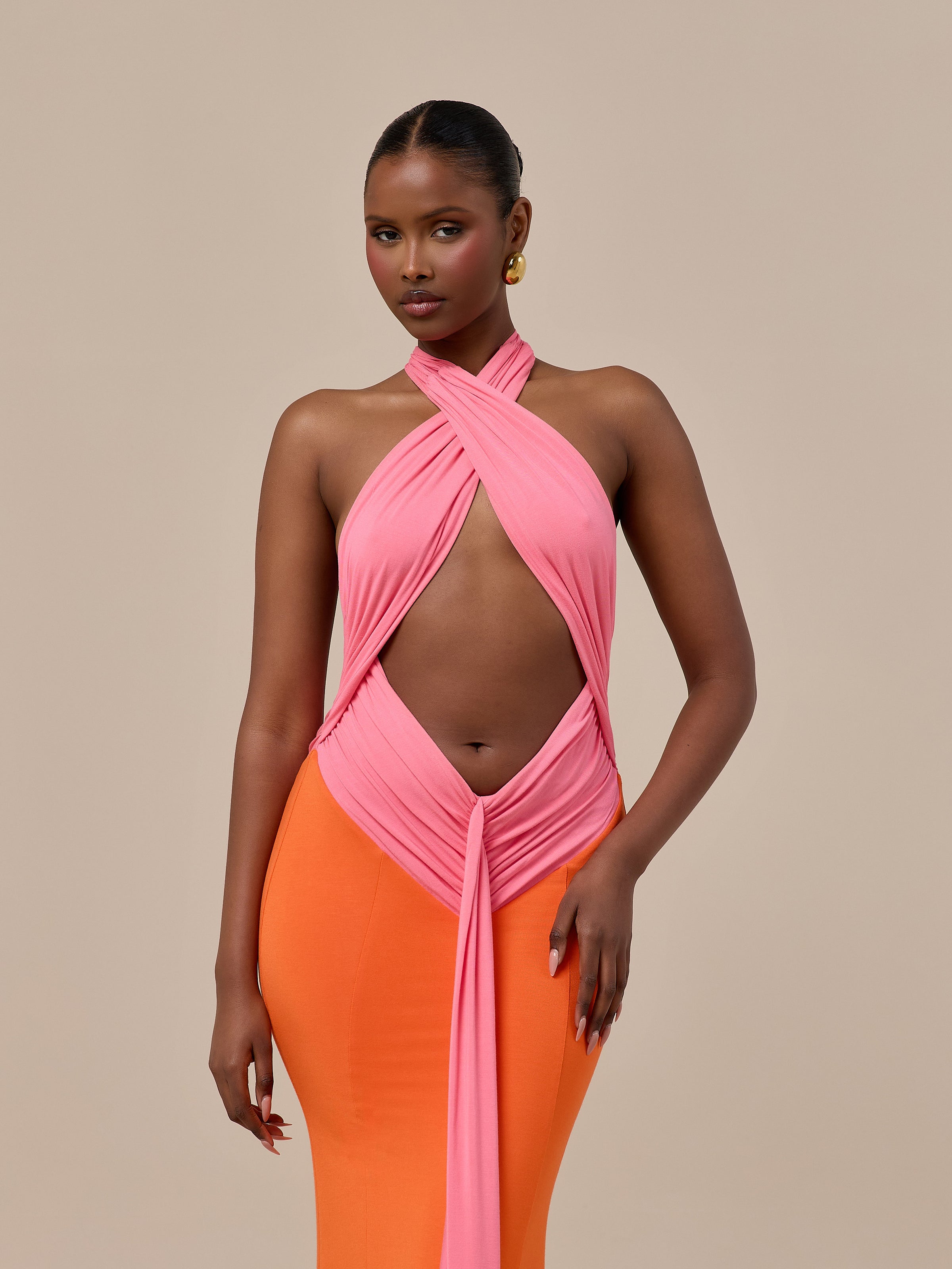 NADIA TWO-TONE CONTRAST GATHERED MAXI DRESS | PINK & ORANGE
