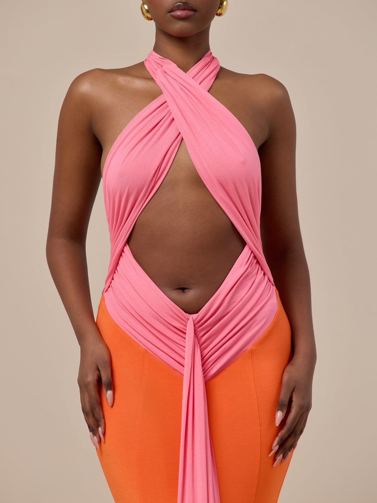 NADIA TWO-TONE CONTRAST GATHERED MAXI DRESS | PINK & ORANGE