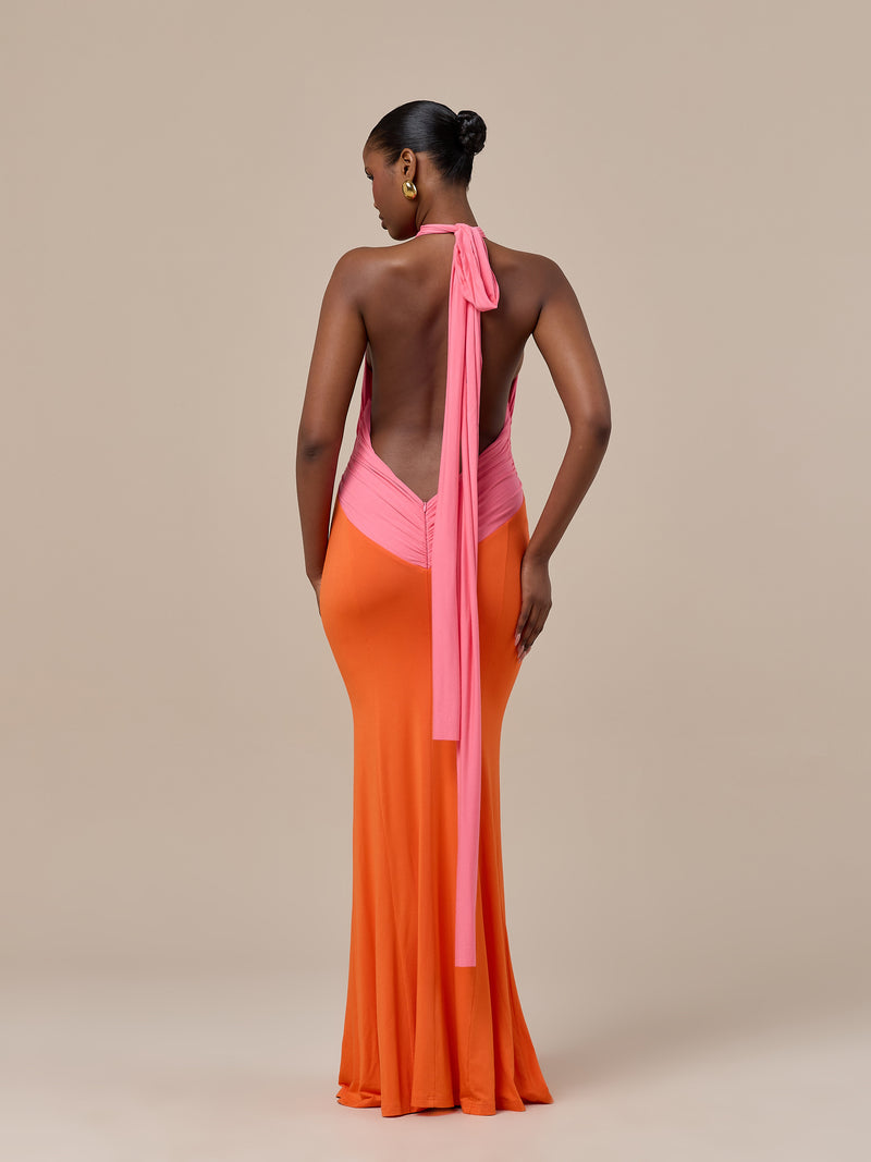 NADIA TWO-TONE CONTRAST GATHERED MAXI DRESS | PINK & ORANGE