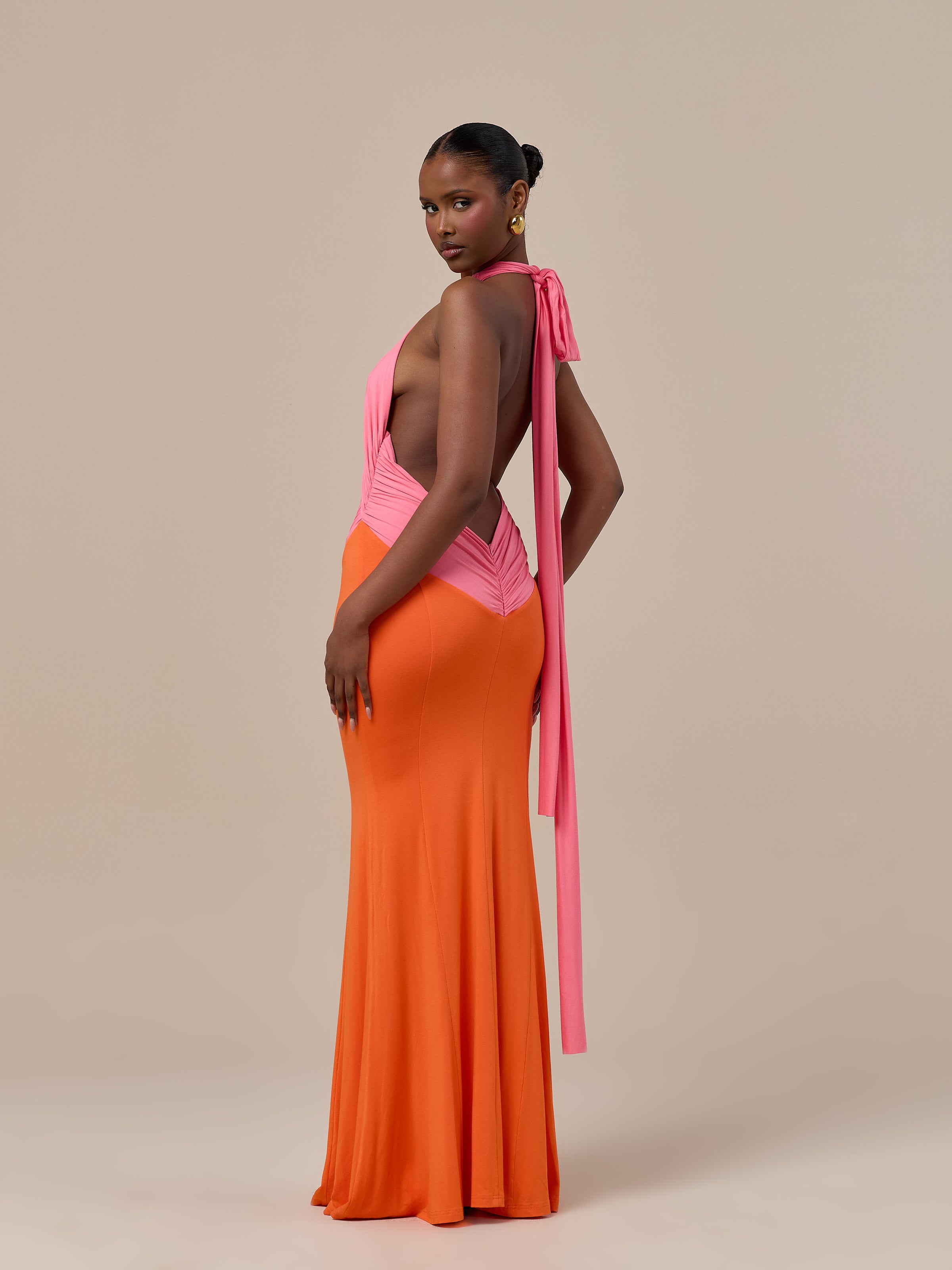 NADIA TWO-TONE CONTRAST GATHERED MAXI DRESS