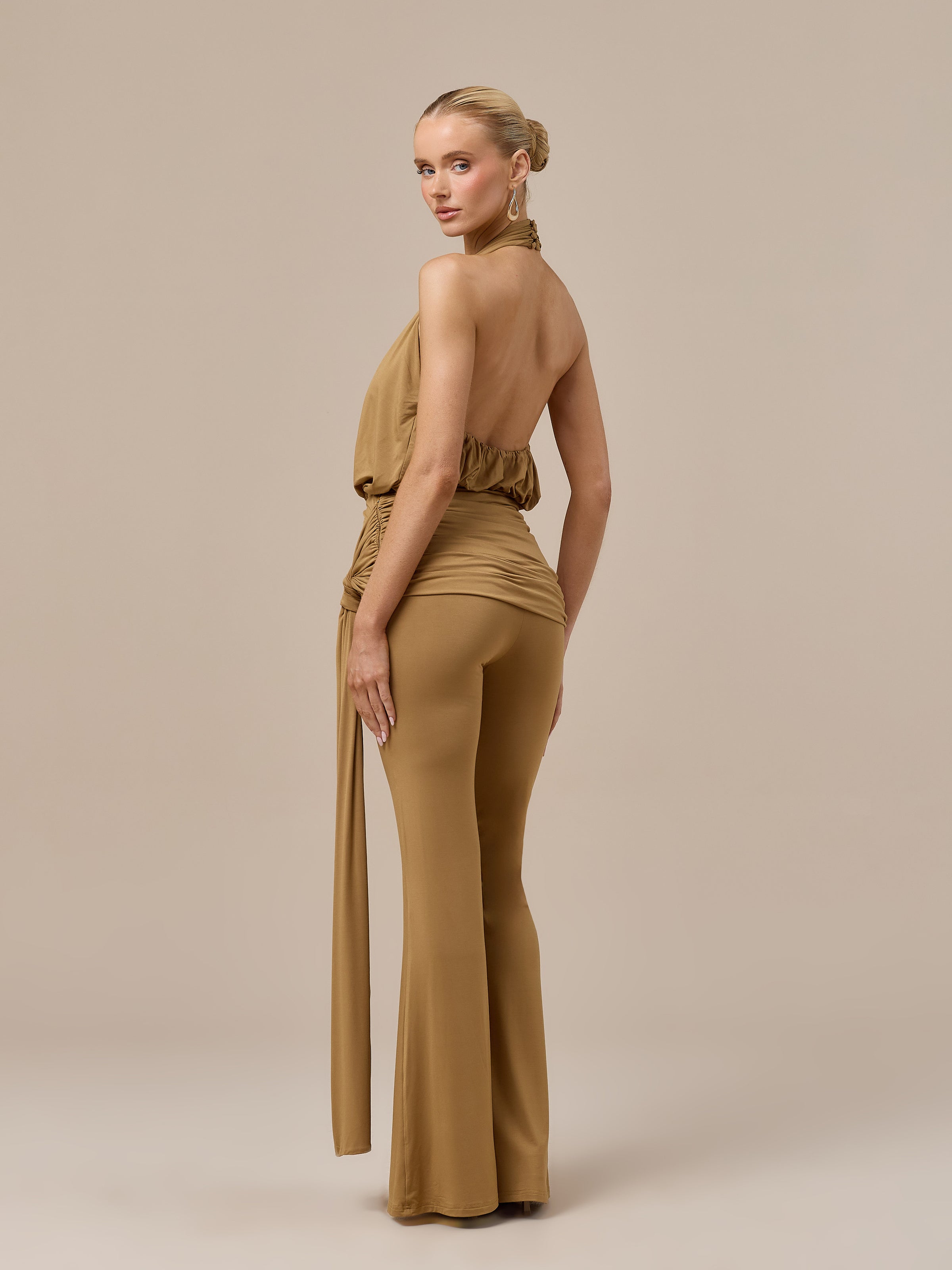 BELLA HIGH WAISTED FLARED TROUSERS WITH WRAP SASH | GOLDEN BROWN