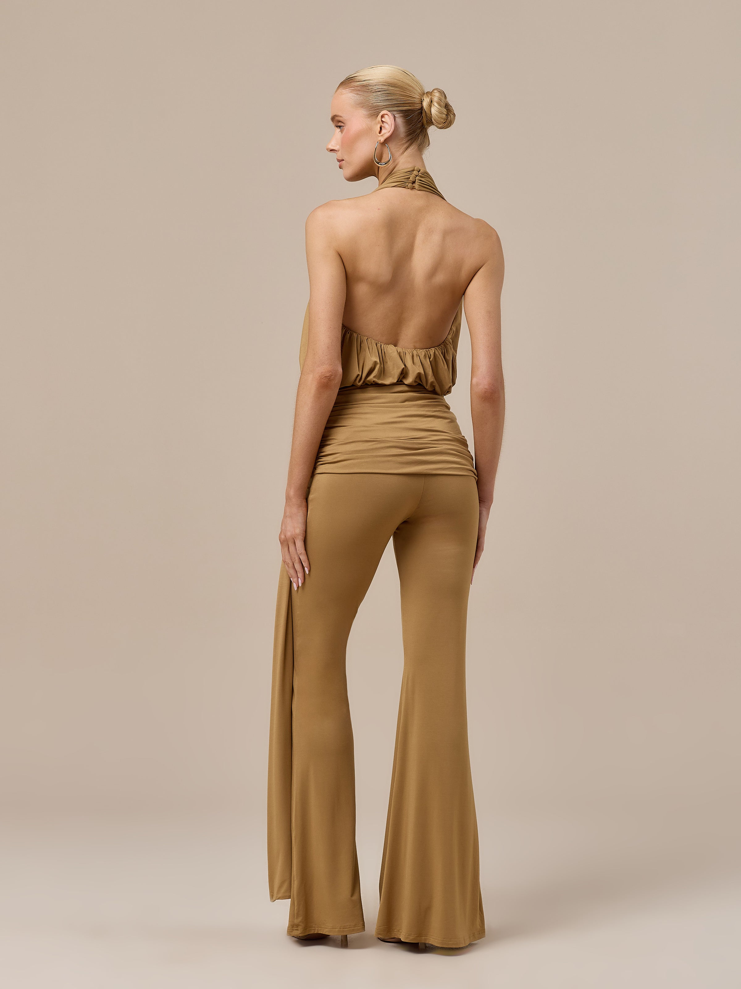 BELLA HIGH WAISTED FLARED TROUSERS WITH WRAP SASH | GOLDEN BROWN