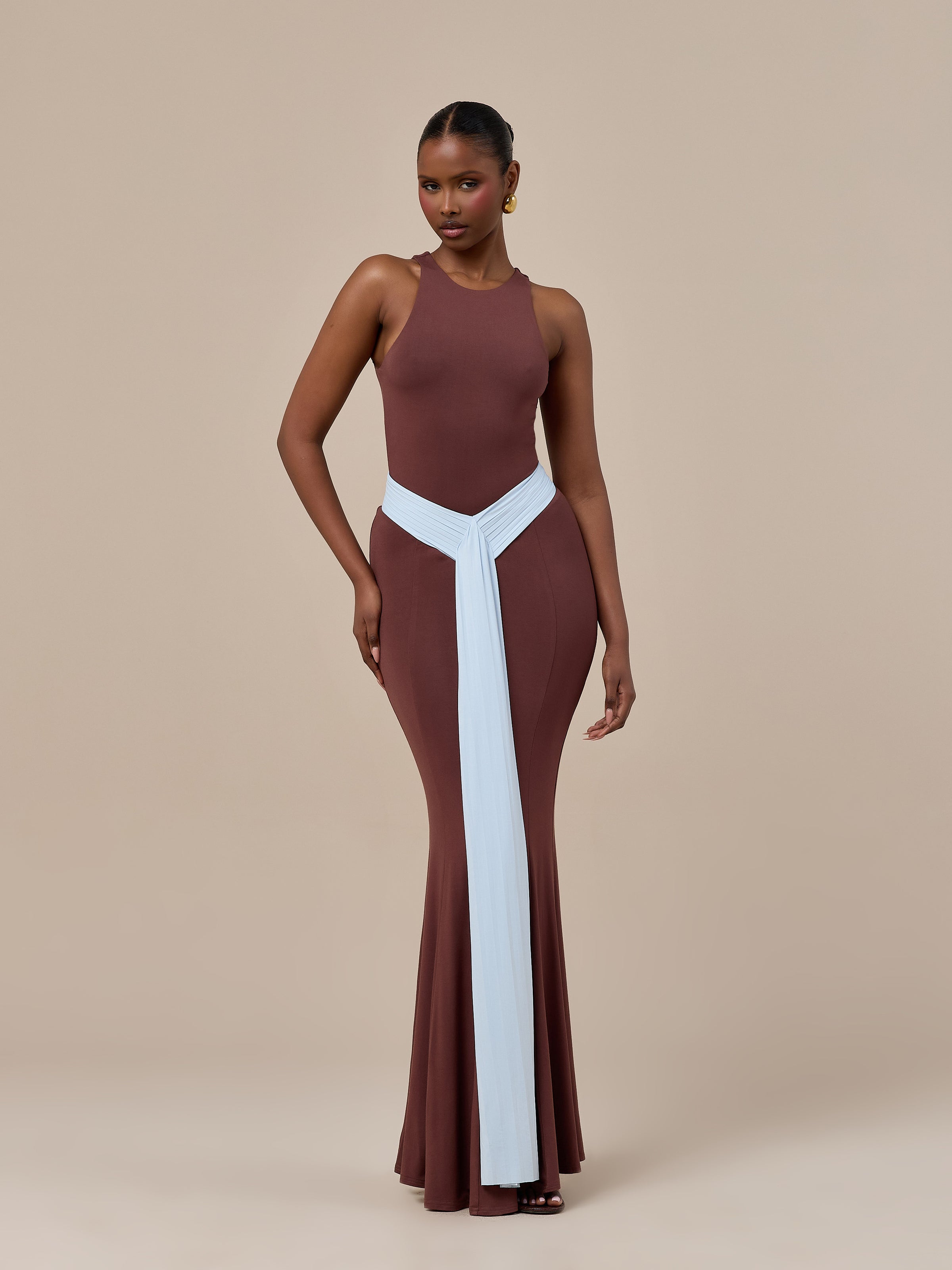 NORA TWO-TONE CONTRAST MAXI SKIRT | CHOCOLATE & BLUE