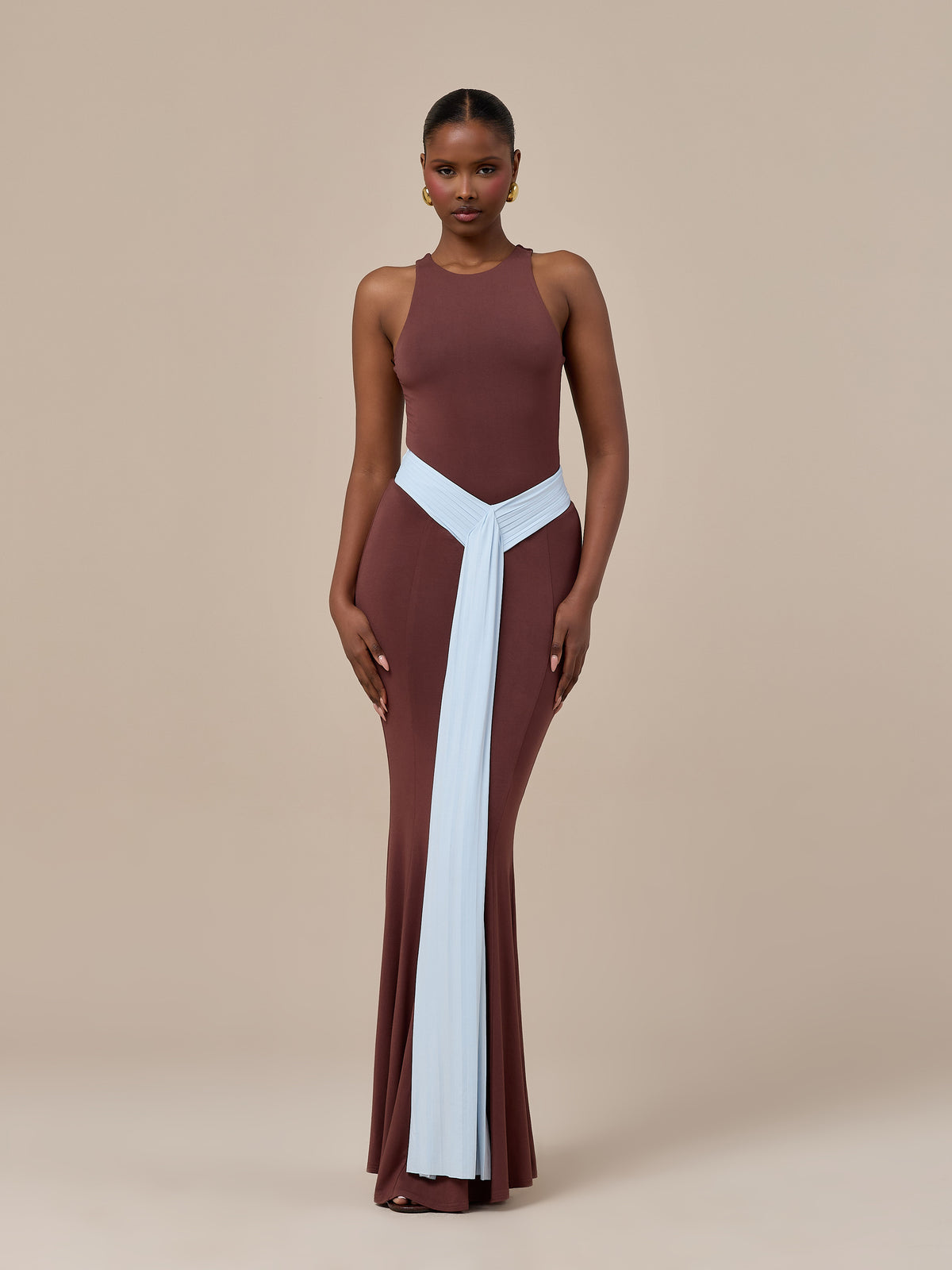 NORA TWO-TONE CONTRAST MAXI SKIRT | CHOCOLATE & BLUE