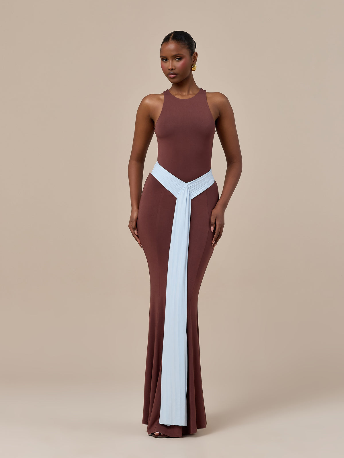 NORA TWO-TONE CONTRAST MAXI SKIRT | CHOCOLATE & BLUE