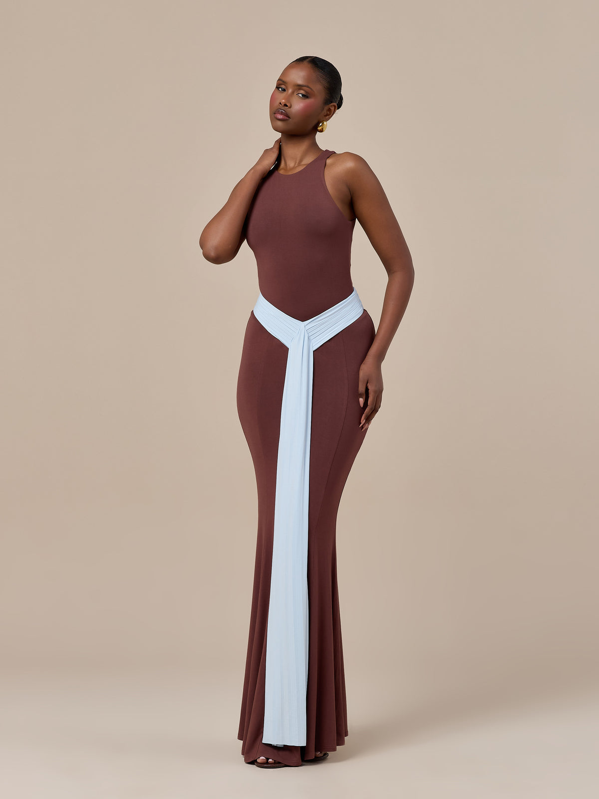 NORA TWO-TONE CONTRAST MAXI SKIRT | CHOCOLATE & BLUE