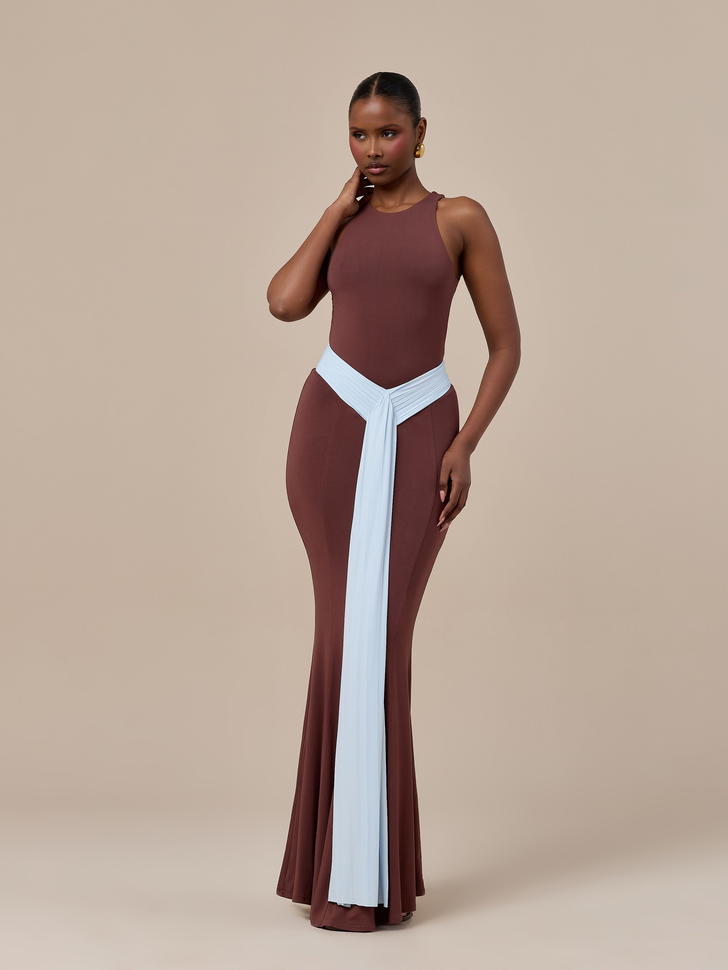 NORA TWO-TONE CONTRAST MAXI SKIRT | CHOCOLATE & BLUE