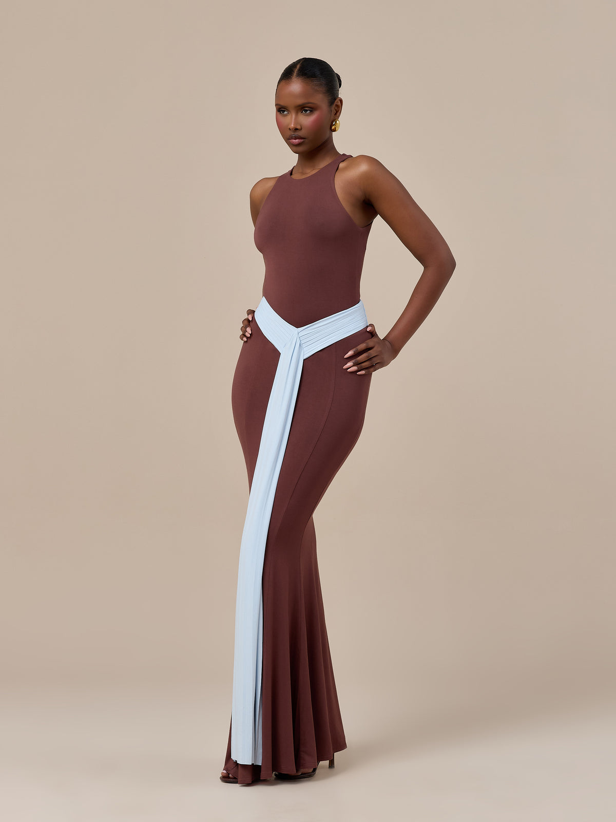 NORA TWO-TONE CONTRAST MAXI SKIRT | CHOCOLATE & BLUE