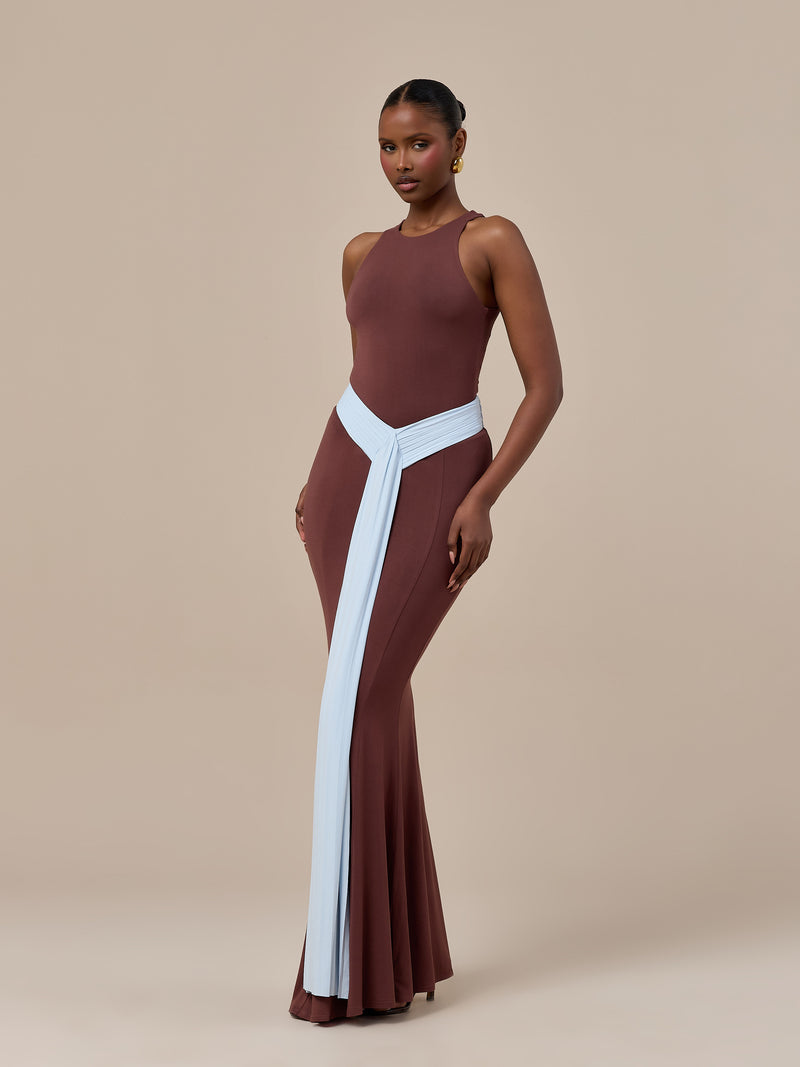 NORA TWO-TONE CONTRAST MAXI SKIRT | CHOCOLATE & BLUE