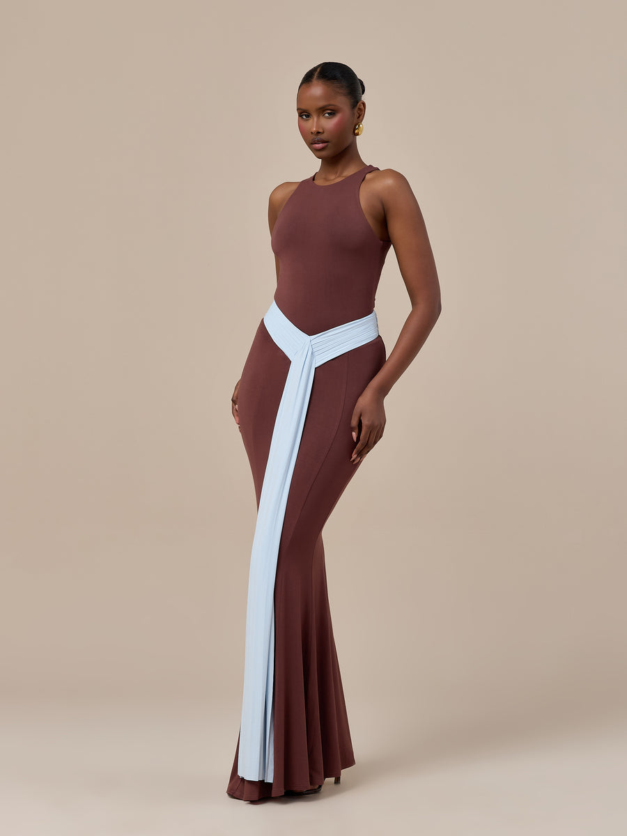 NORA TWO-TONE CONTRAST MAXI SKIRT | CHOCOLATE & BLUE