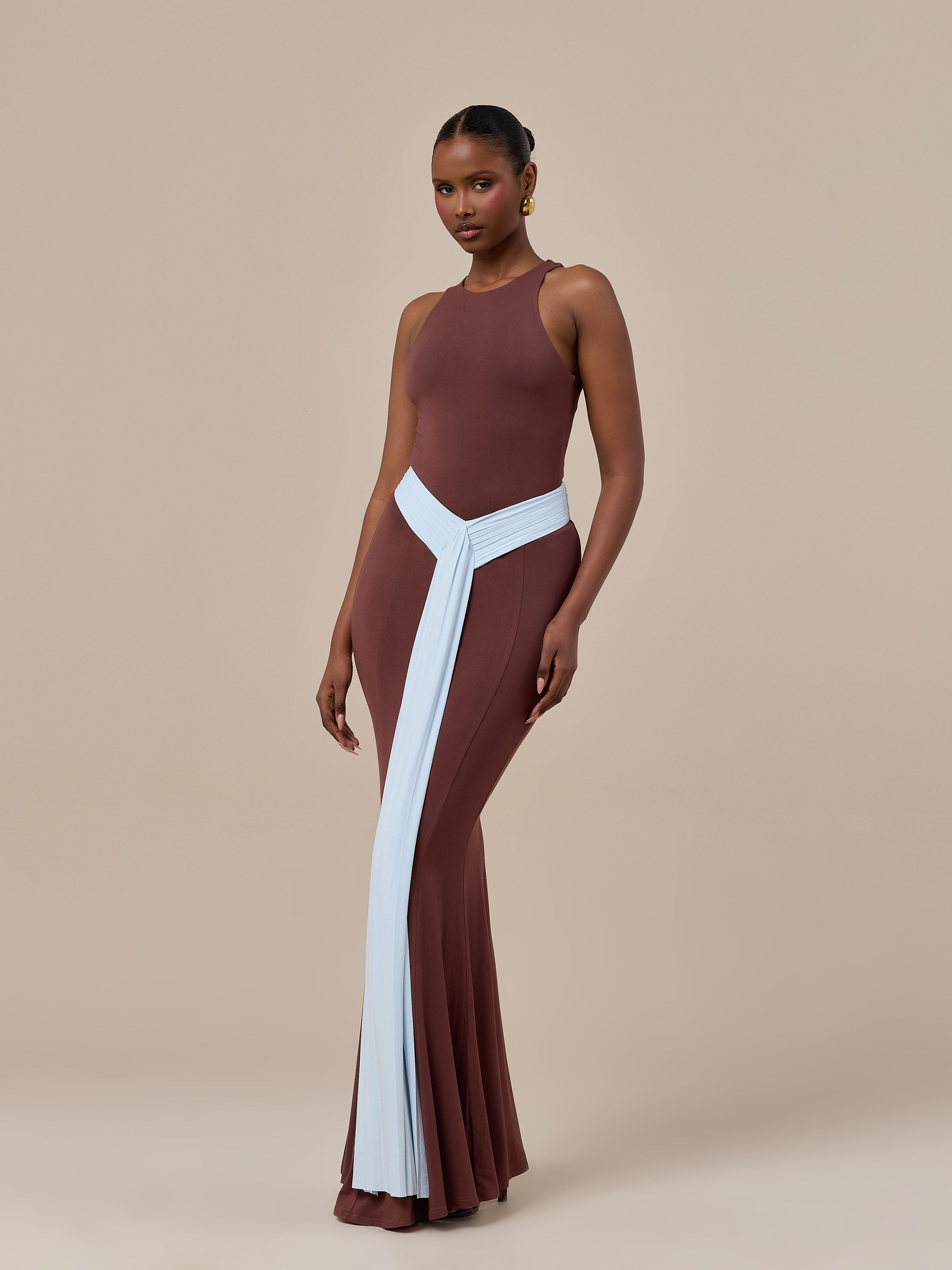 NORA TWO-TONE CONTRAST MAXI SKIRT | CHOCOLATE & BLUE