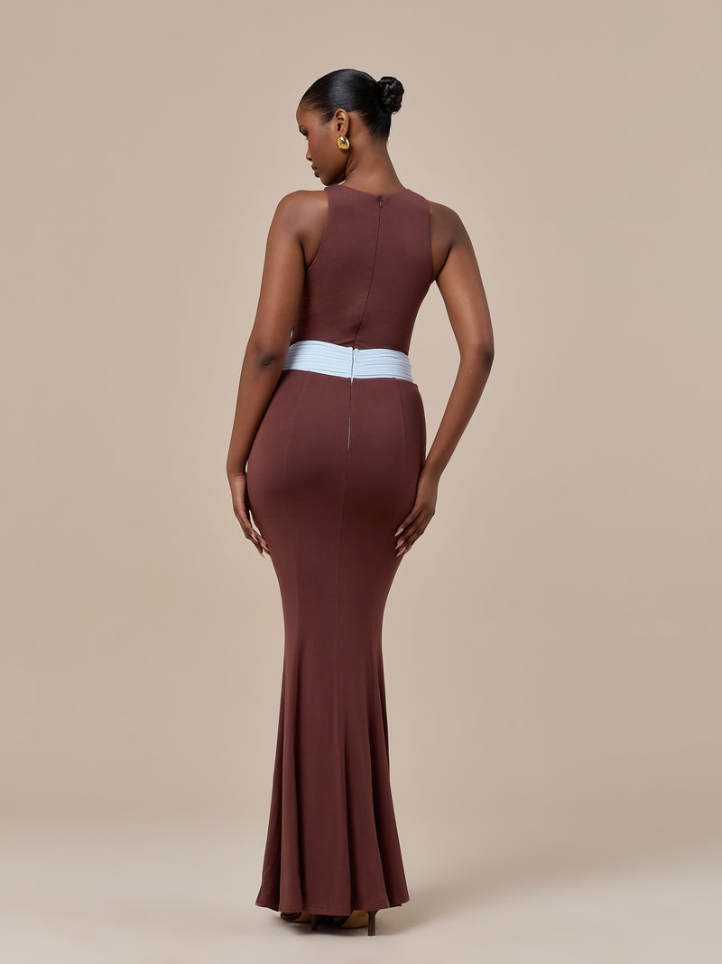 NORA TWO-TONE CONTRAST MAXI SKIRT | CHOCOLATE & BLUE