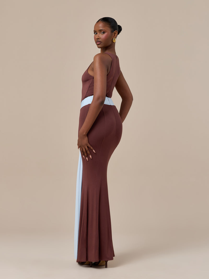 NORA TWO-TONE CONTRAST MAXI SKIRT | CHOCOLATE & BLUE