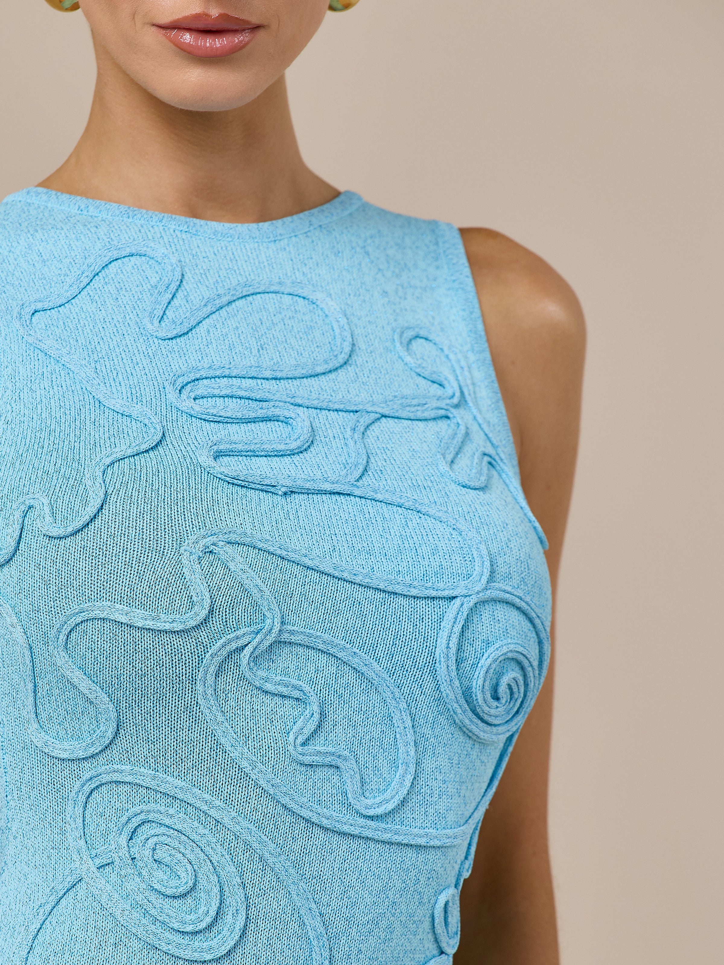 IZZY SLEEVELESS KNITTED MINI DRESS WITH SWIRL DETAIL | SKY BLUE