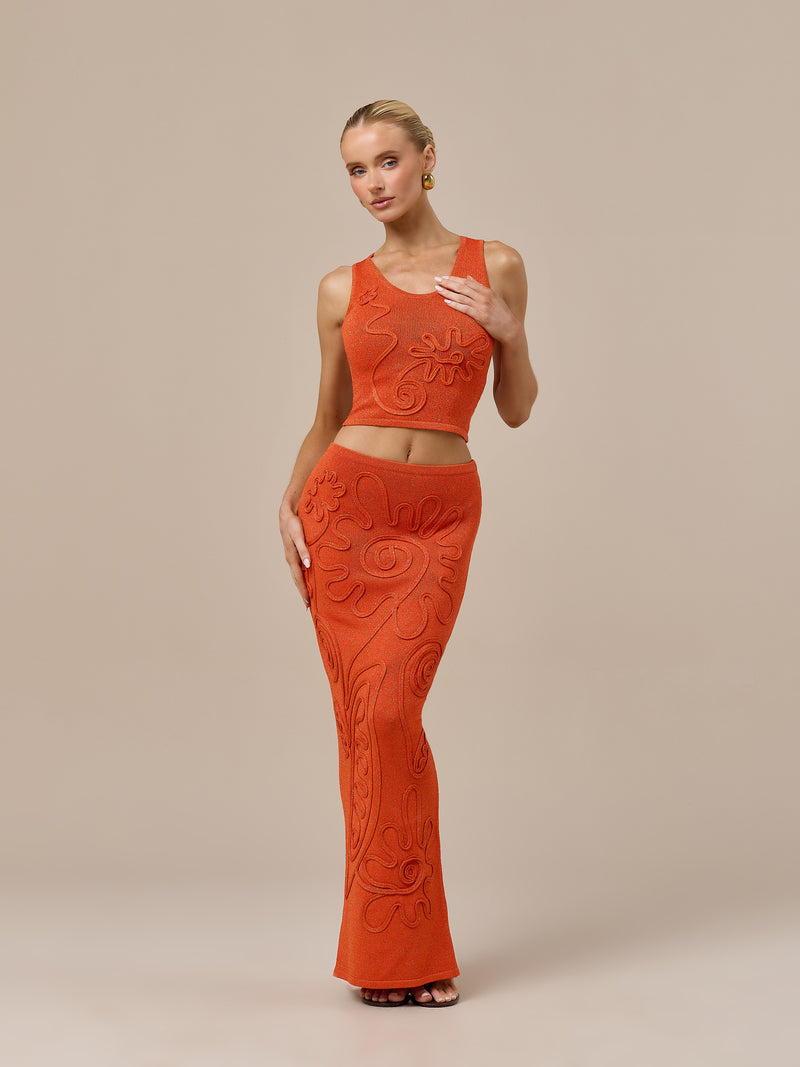 ELIZA SLEEVELESS KNITTED TOP WITH SWIRL DETAIL | ORANGE