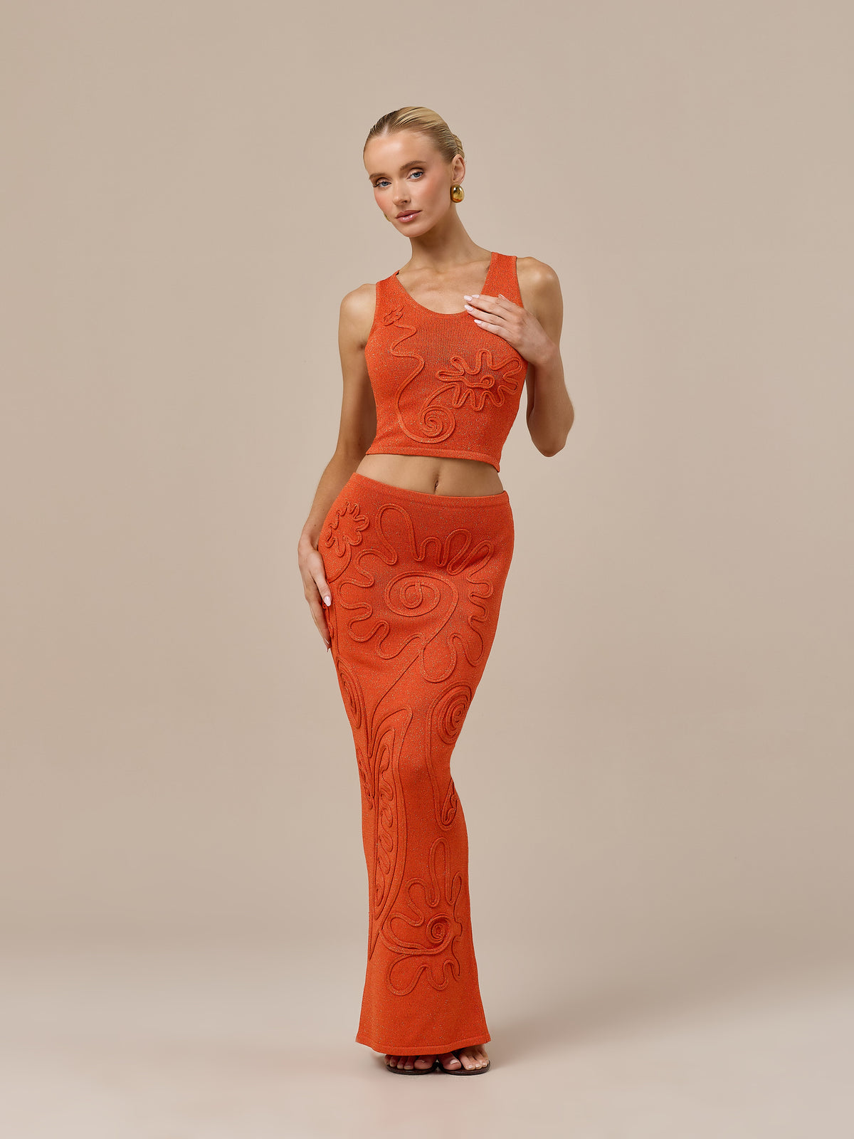 ELIZA KNITTED MAXI SKIRT WITH SWIRL DETAIL | ORANGE