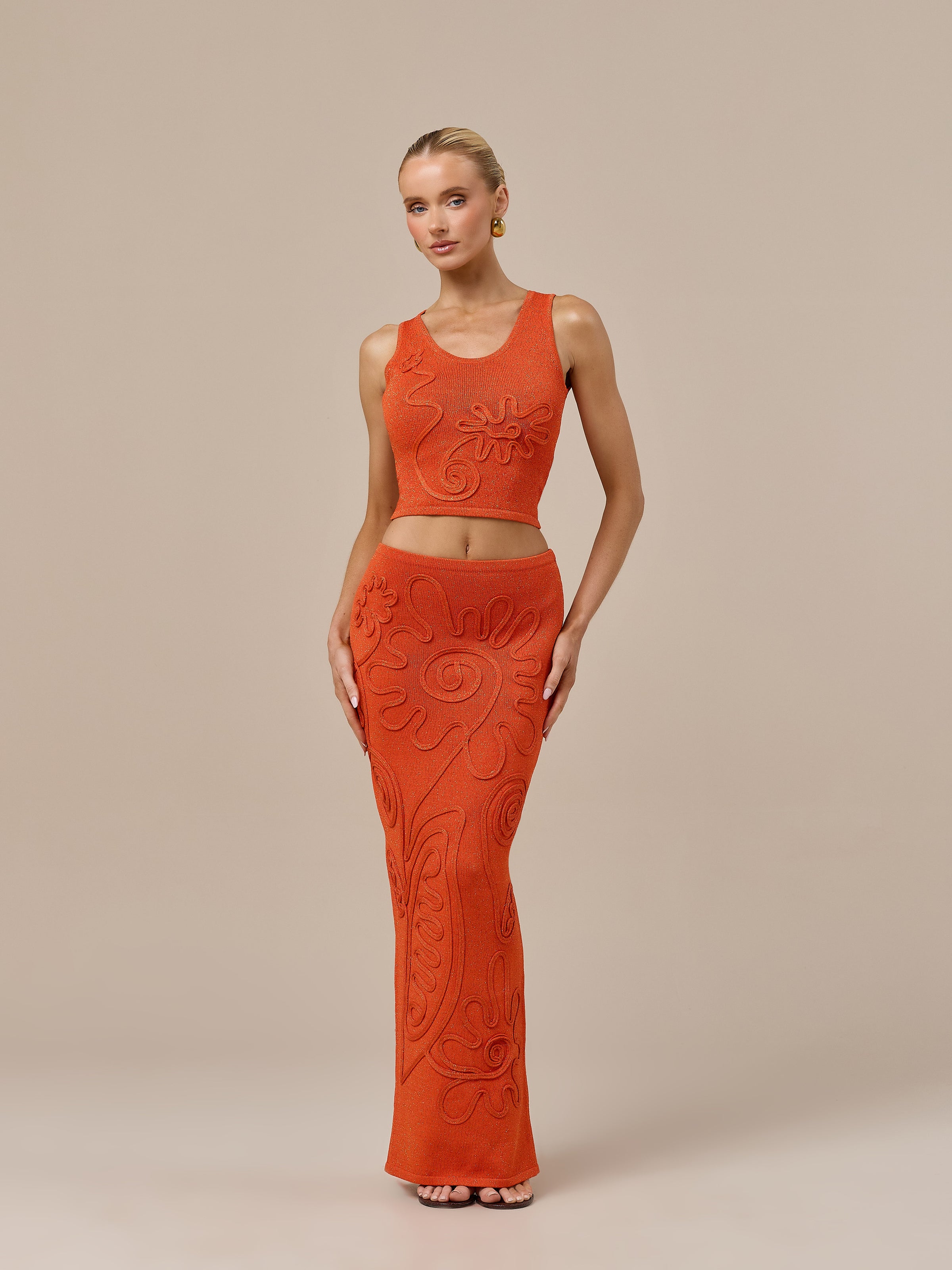 ELIZA KNITTED MAXI SKIRT WITH SWIRL DETAIL | ORANGE