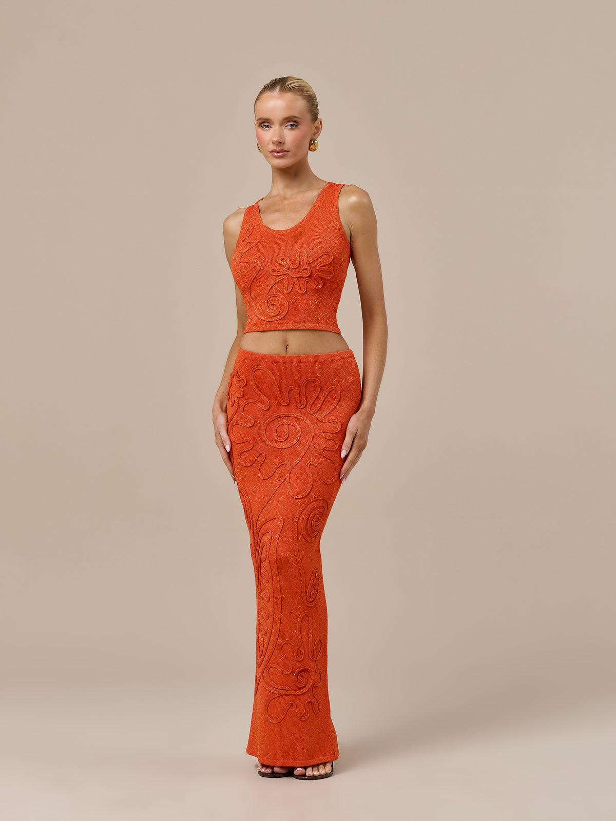 ELIZA KNITTED MAXI SKIRT WITH SWIRL DETAIL | ORANGE